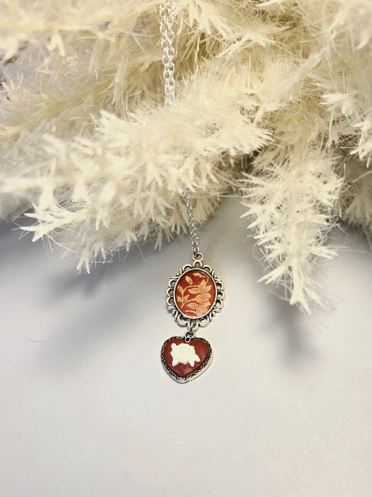 Vintage Red Floral Cameo Necklace • Romantic Victorian Heart Pendant • Antique Style Rose Jewelry • Gothic Cottagecore Gift for Her