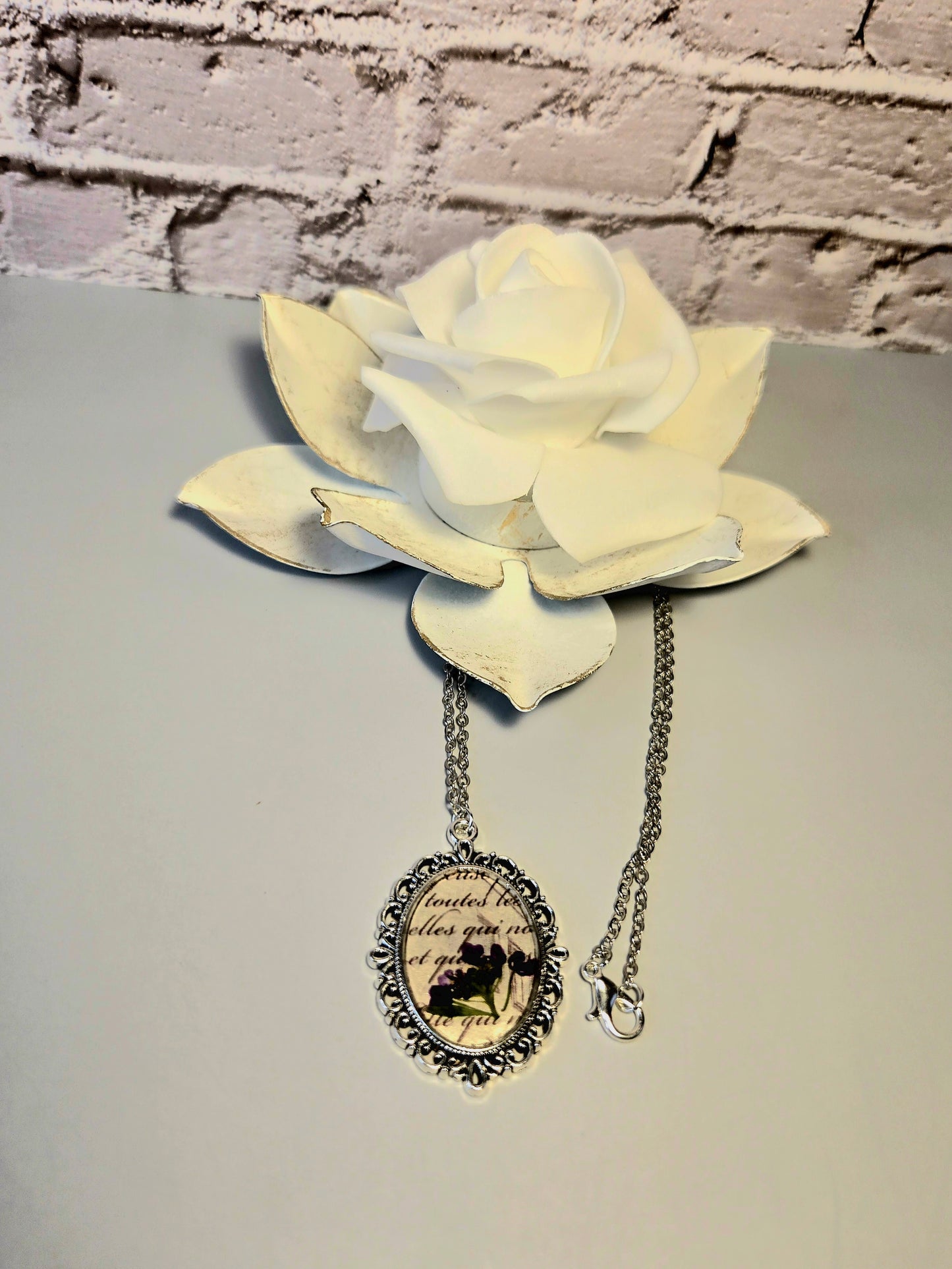 Vintage Floral Necklace with Real Purple Flowers and Script Background – Antique Style Oval Pendant – Botanical Jewelry Gift for Her