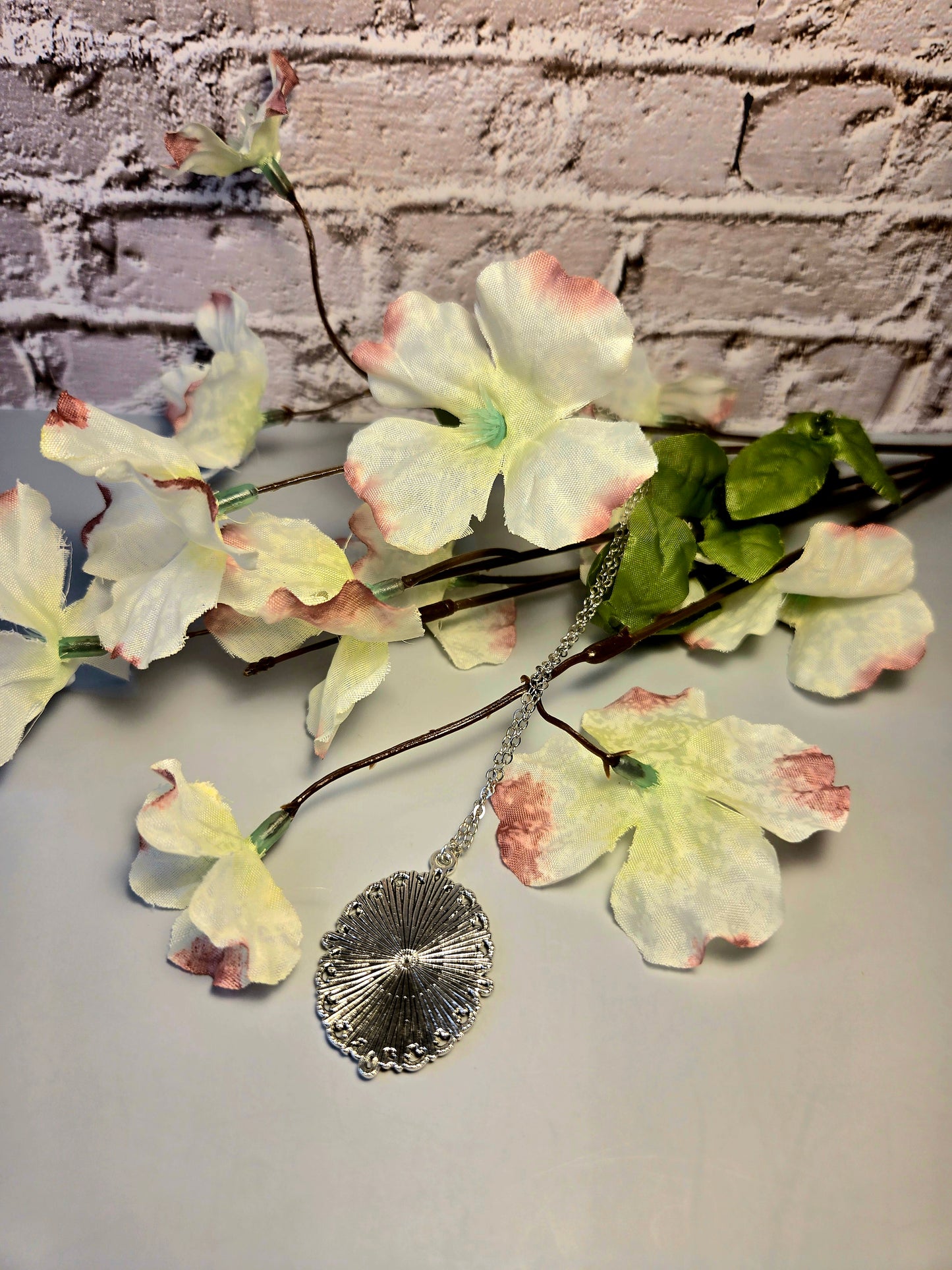 Vintage Floral Necklace with Real Purple Flowers and Script Background – Antique Style Oval Pendant – Botanical Jewelry Gift for Her