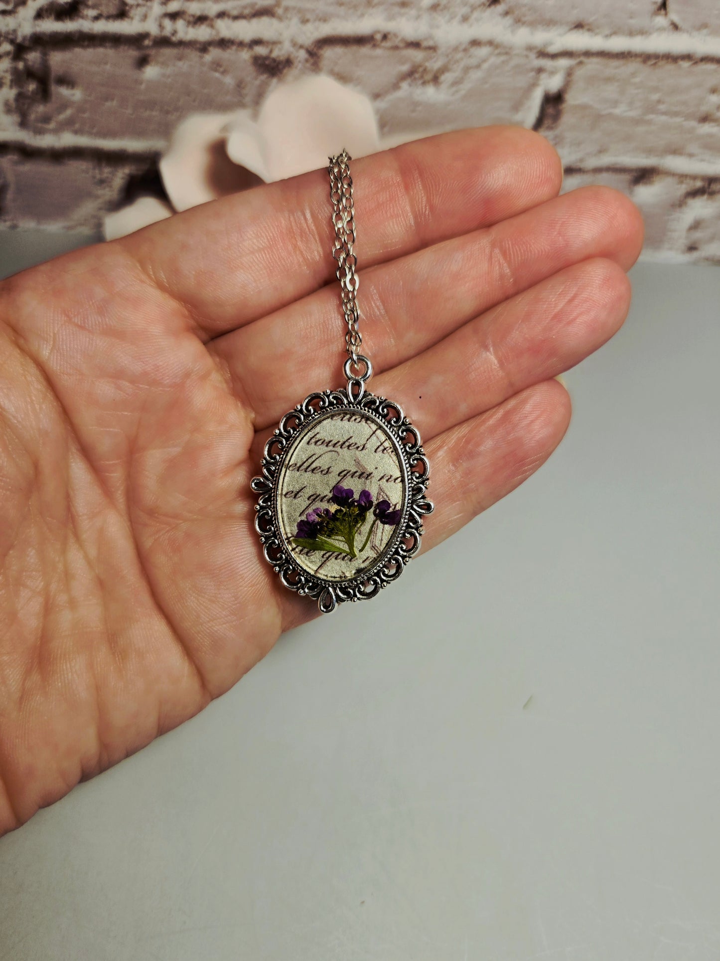 Vintage Floral Necklace with Real Purple Flowers and Script Background – Antique Style Oval Pendant – Botanical Jewelry Gift for Her