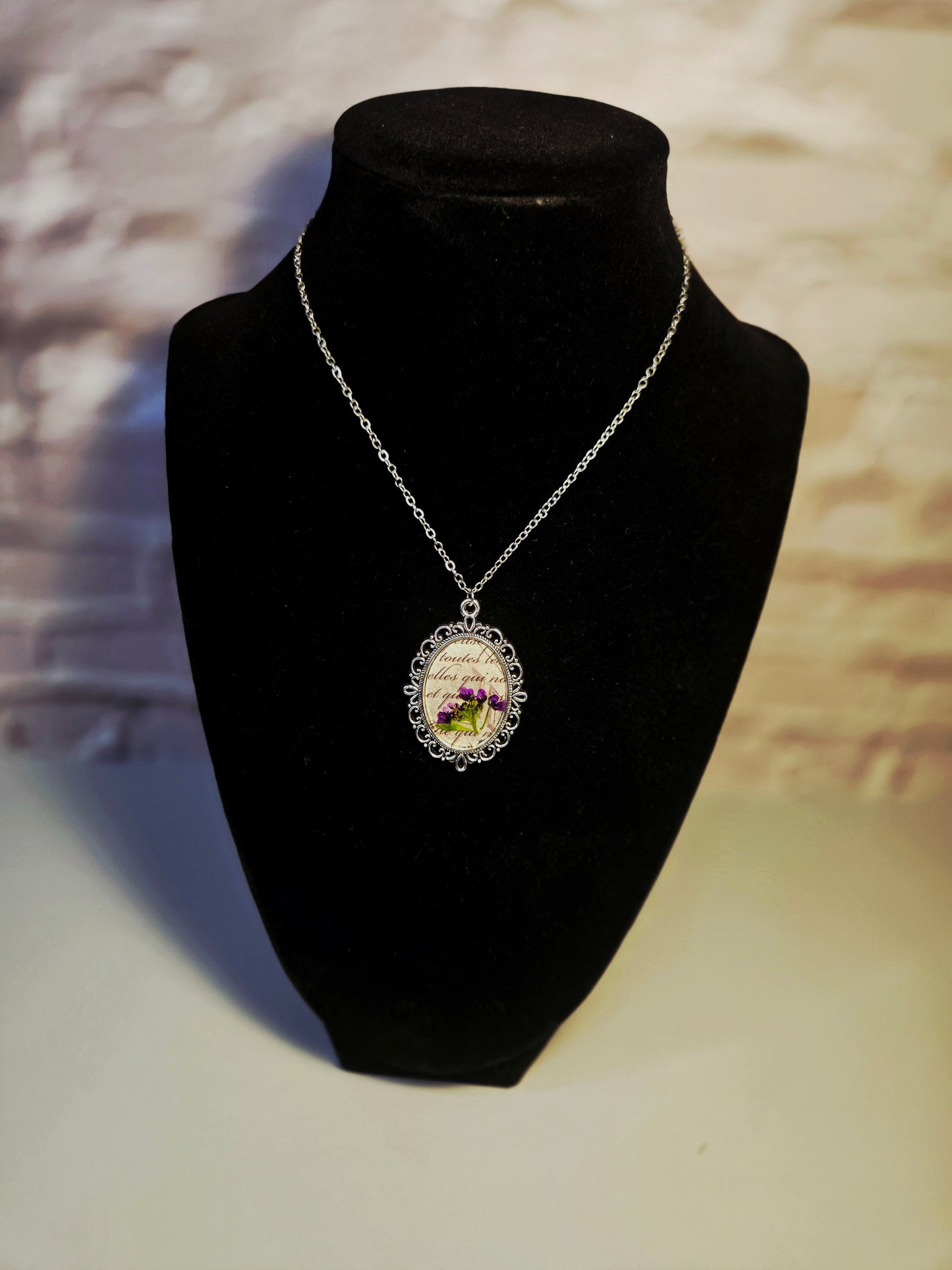 Vintage Floral Necklace with Real Purple Flowers and Script Background – Antique Style Oval Pendant – Botanical Jewelry Gift for Her