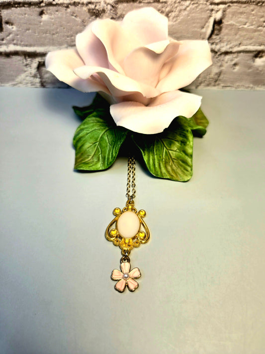 Gold Romantic Floral Pendant Necklace • Pastel Pink Flower & Opal Cameo • Vintage Cottagecore Fairy Jewelry • Feminine Gift for Her