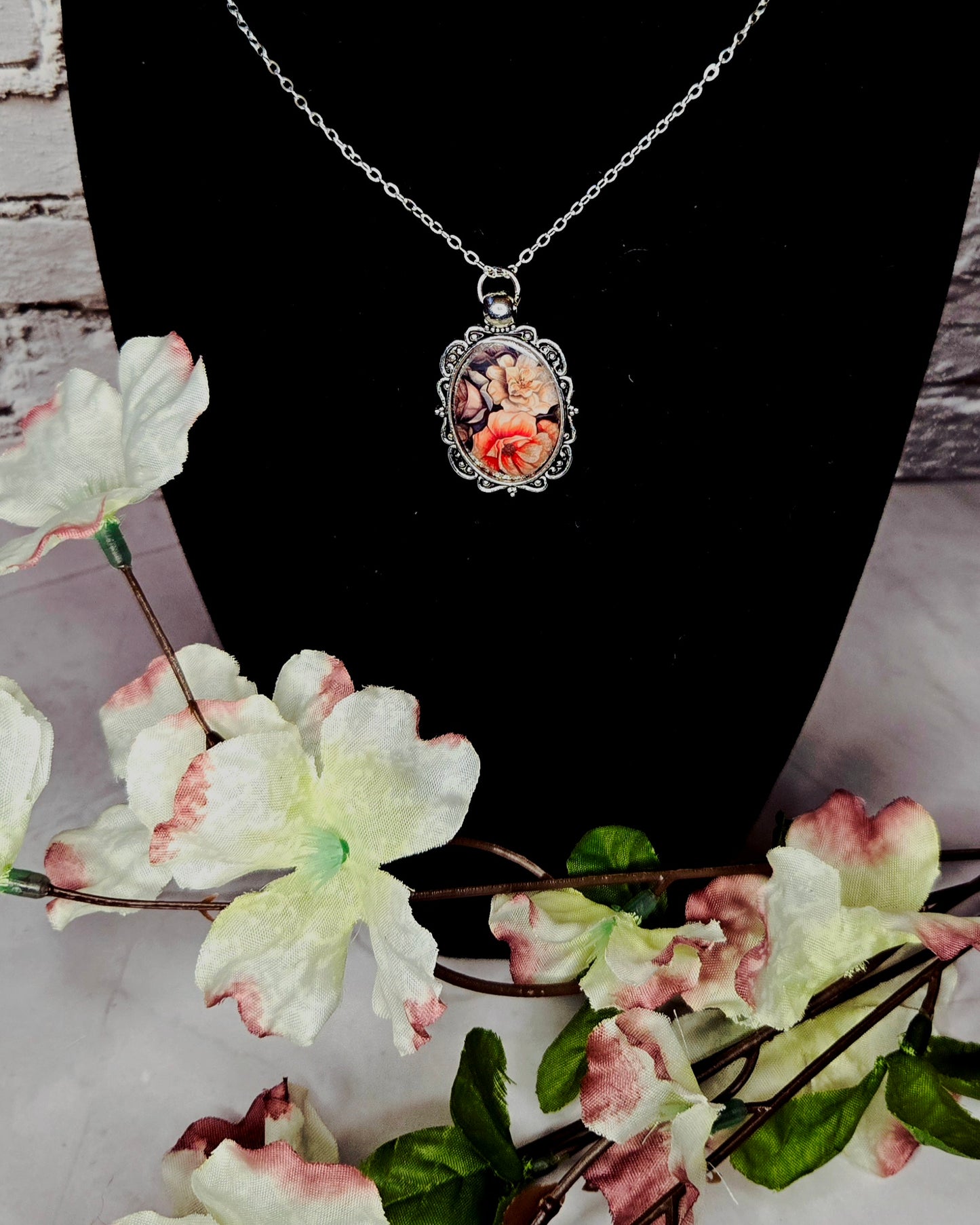 Vintage Floral Cameo Pendant Necklace • Feminine Romantic Charm Jewelry • Antique Style Rose Portrait Necklace