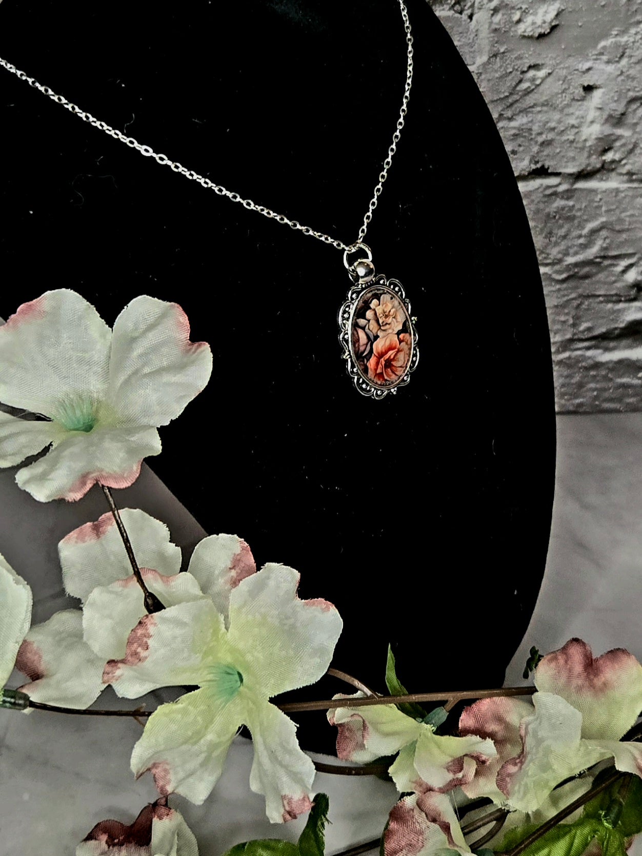 Vintage Floral Cameo Pendant Necklace • Feminine Romantic Charm Jewelry • Antique Style Rose Portrait Necklace