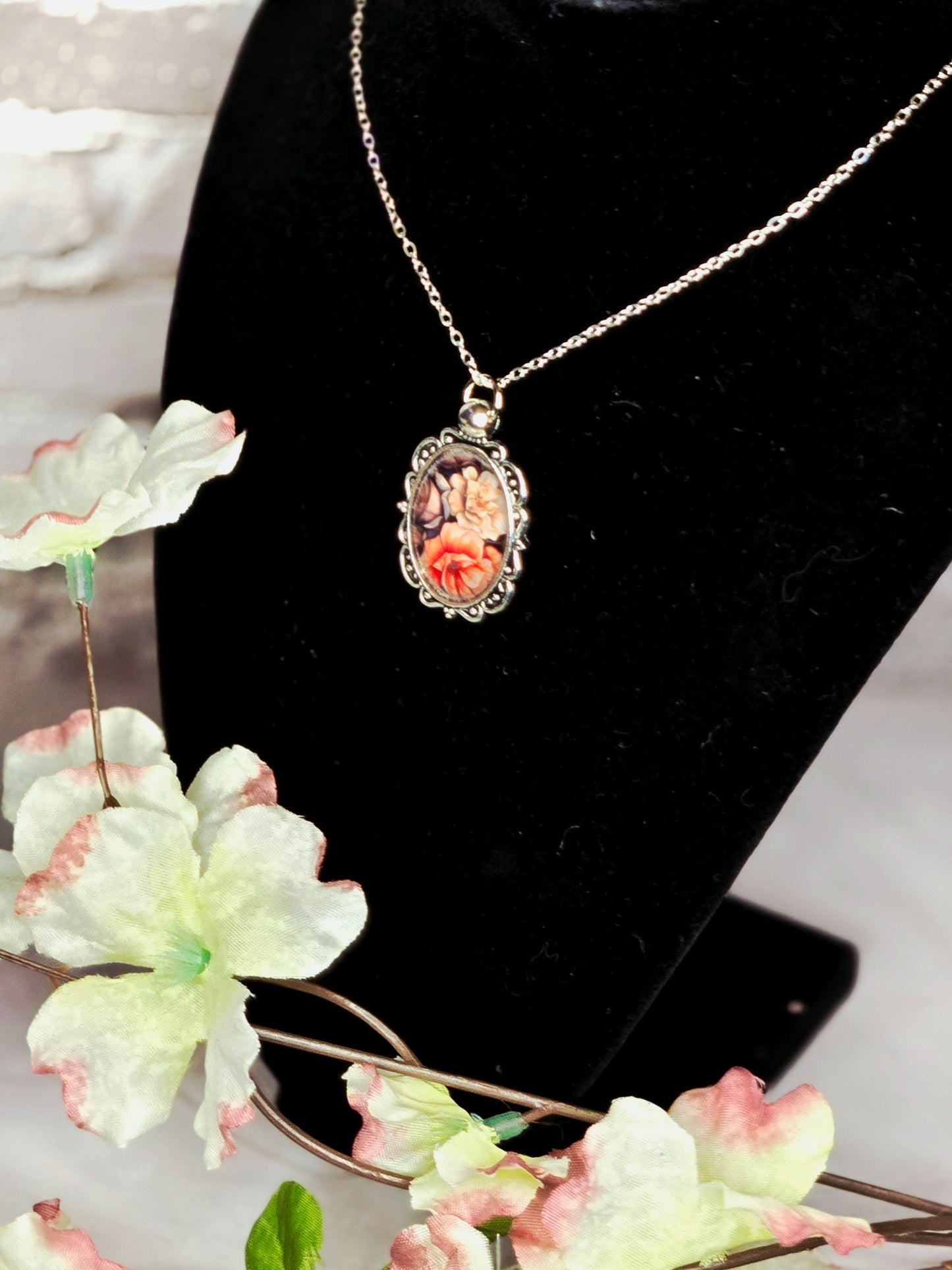 Vintage Floral Cameo Pendant Necklace • Feminine Romantic Charm Jewelry • Antique Style Rose Portrait Necklace