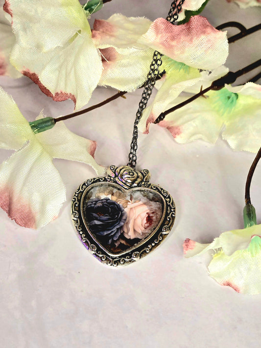 Romantic Rose Heart Necklace • Vintage Floral Keepsake Pendant • Antique Silver Victorian Style Jewelry
