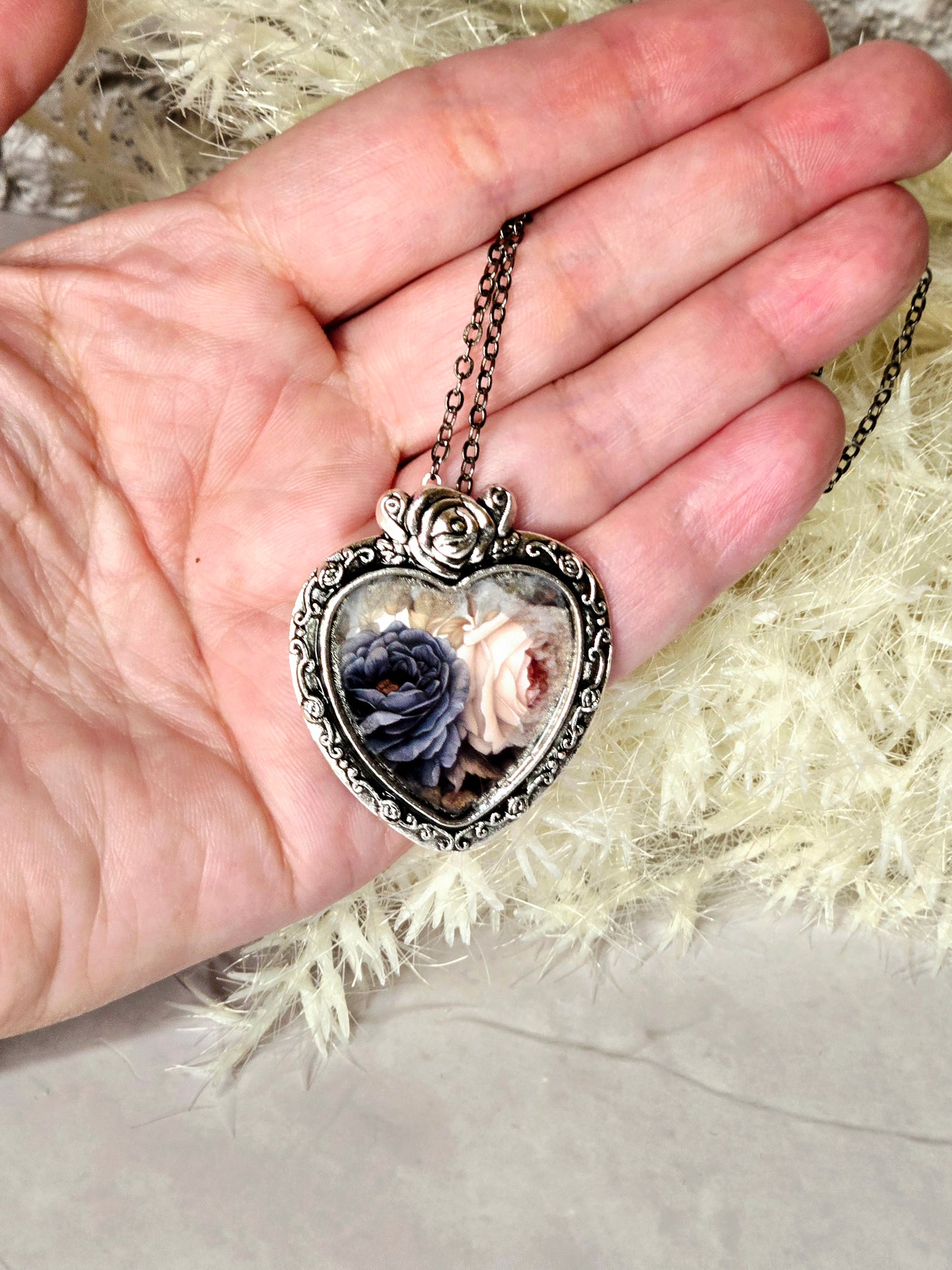 Romantic Rose Heart Necklace • Vintage Floral Keepsake Pendant • Antique Silver Victorian Style Jewelry