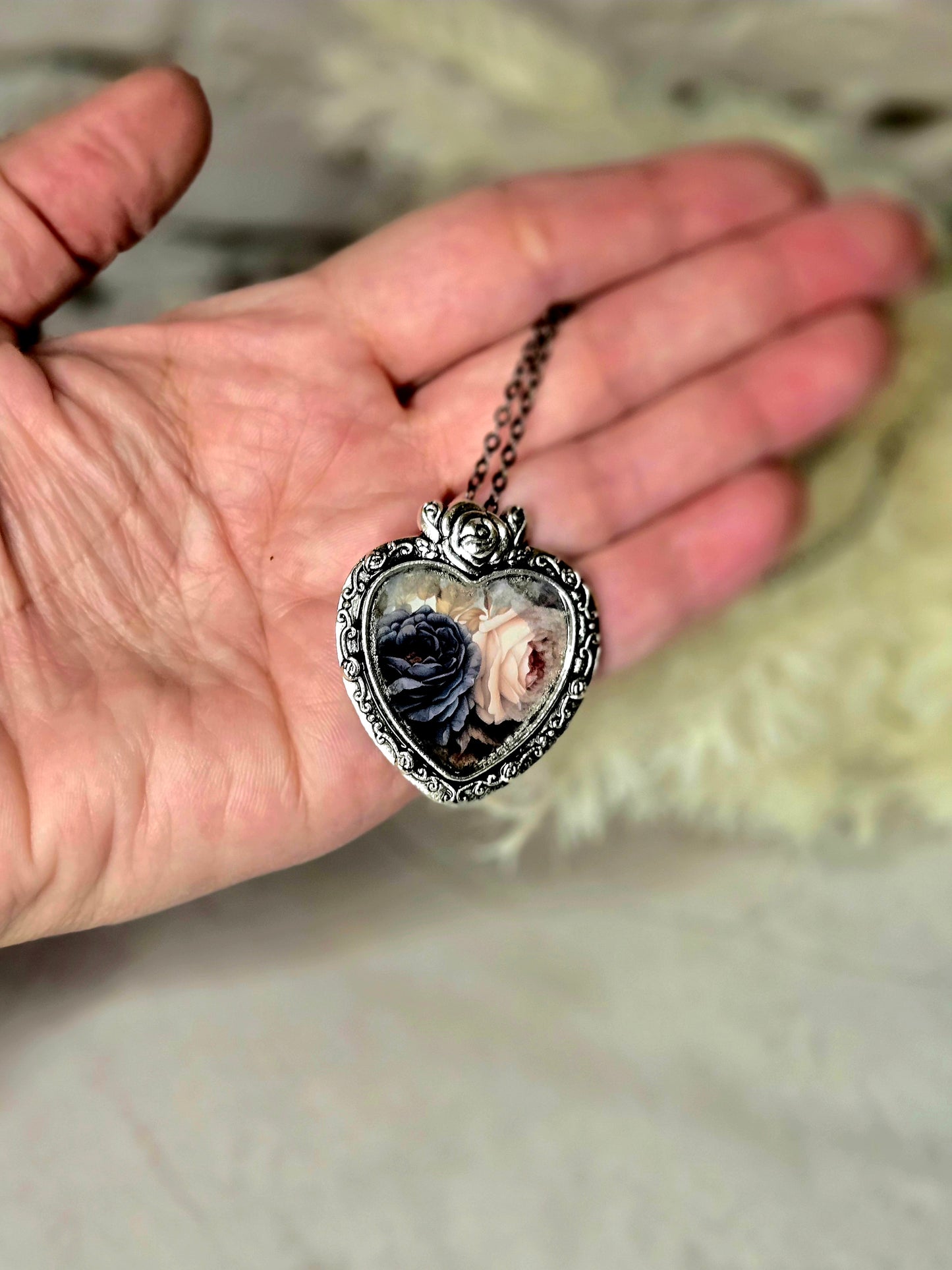 Romantic Rose Heart Necklace • Vintage Floral Keepsake Pendant • Antique Silver Victorian Style Jewelry