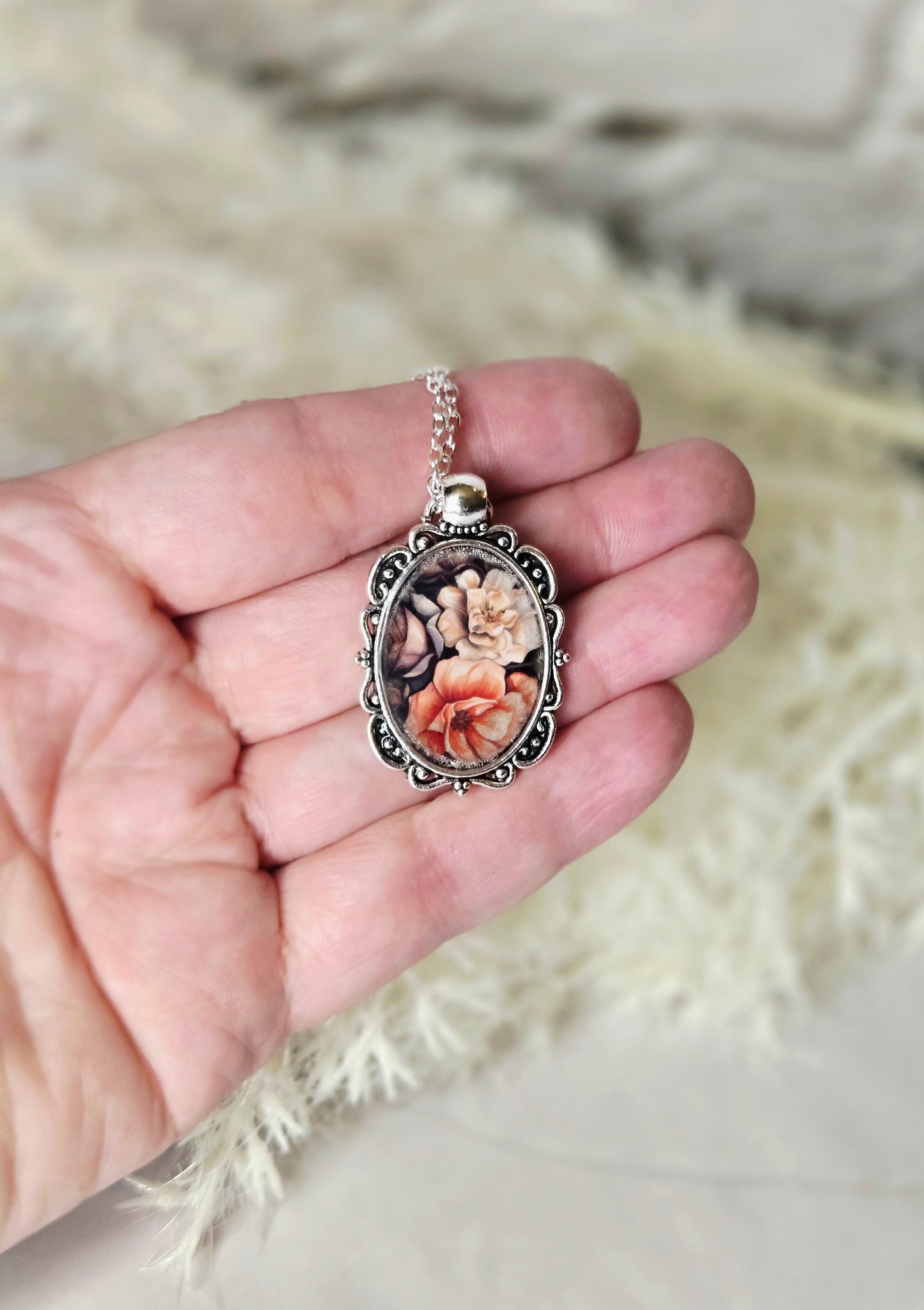 Vintage Floral Cameo Pendant Necklace • Feminine Romantic Charm Jewelry • Antique Style Rose Portrait Necklace