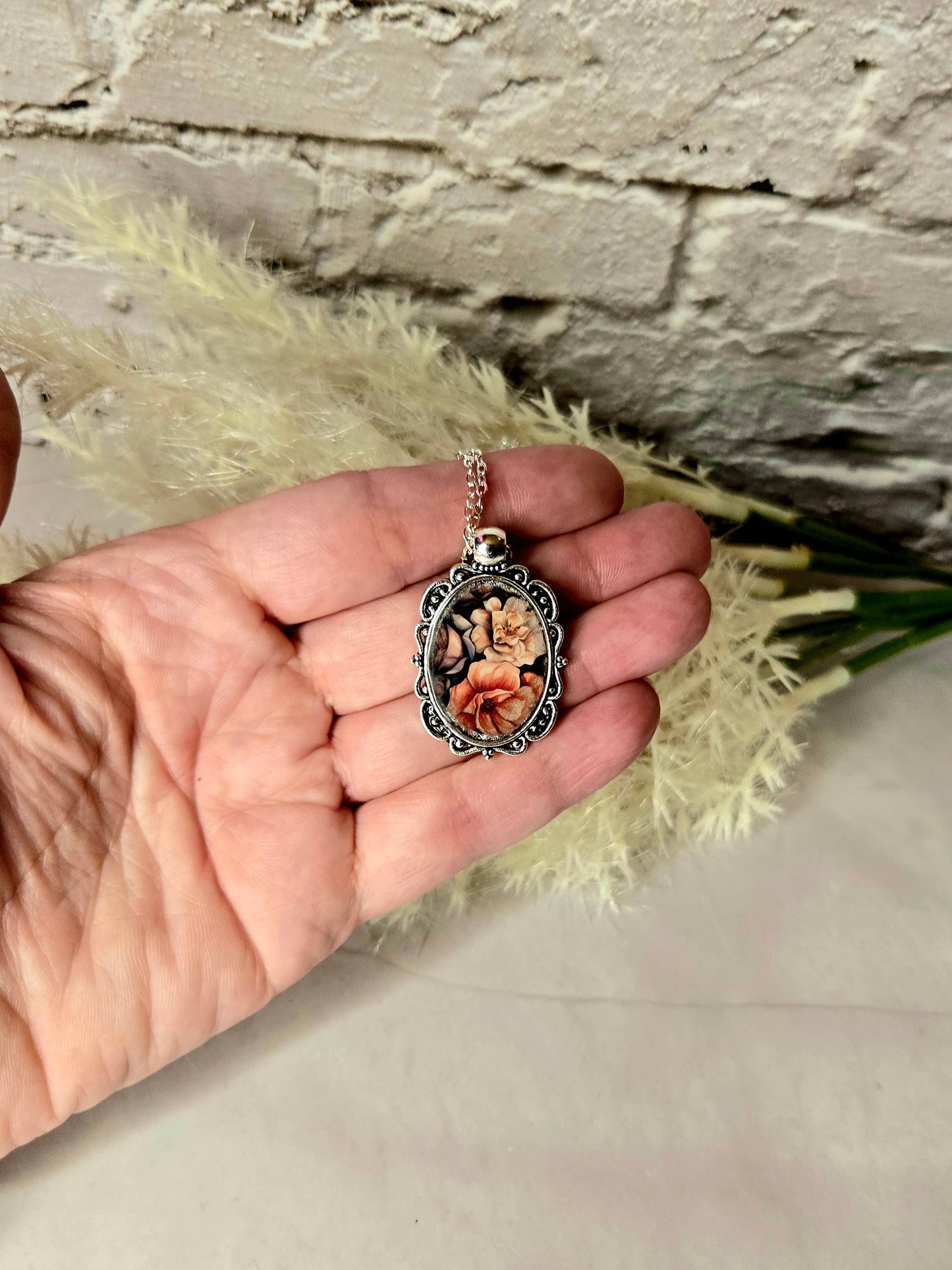 Vintage Floral Cameo Pendant Necklace • Feminine Romantic Charm Jewelry • Antique Style Rose Portrait Necklace