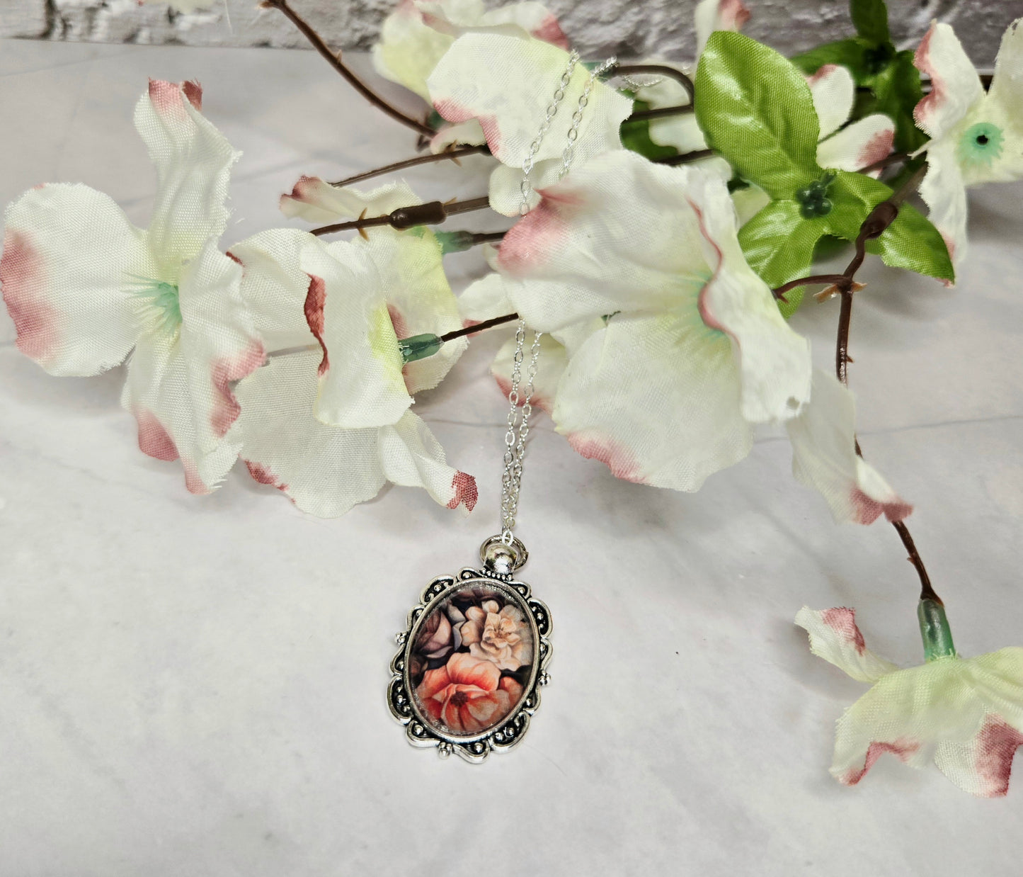 Vintage Floral Cameo Pendant Necklace • Feminine Romantic Charm Jewelry • Antique Style Rose Portrait Necklace