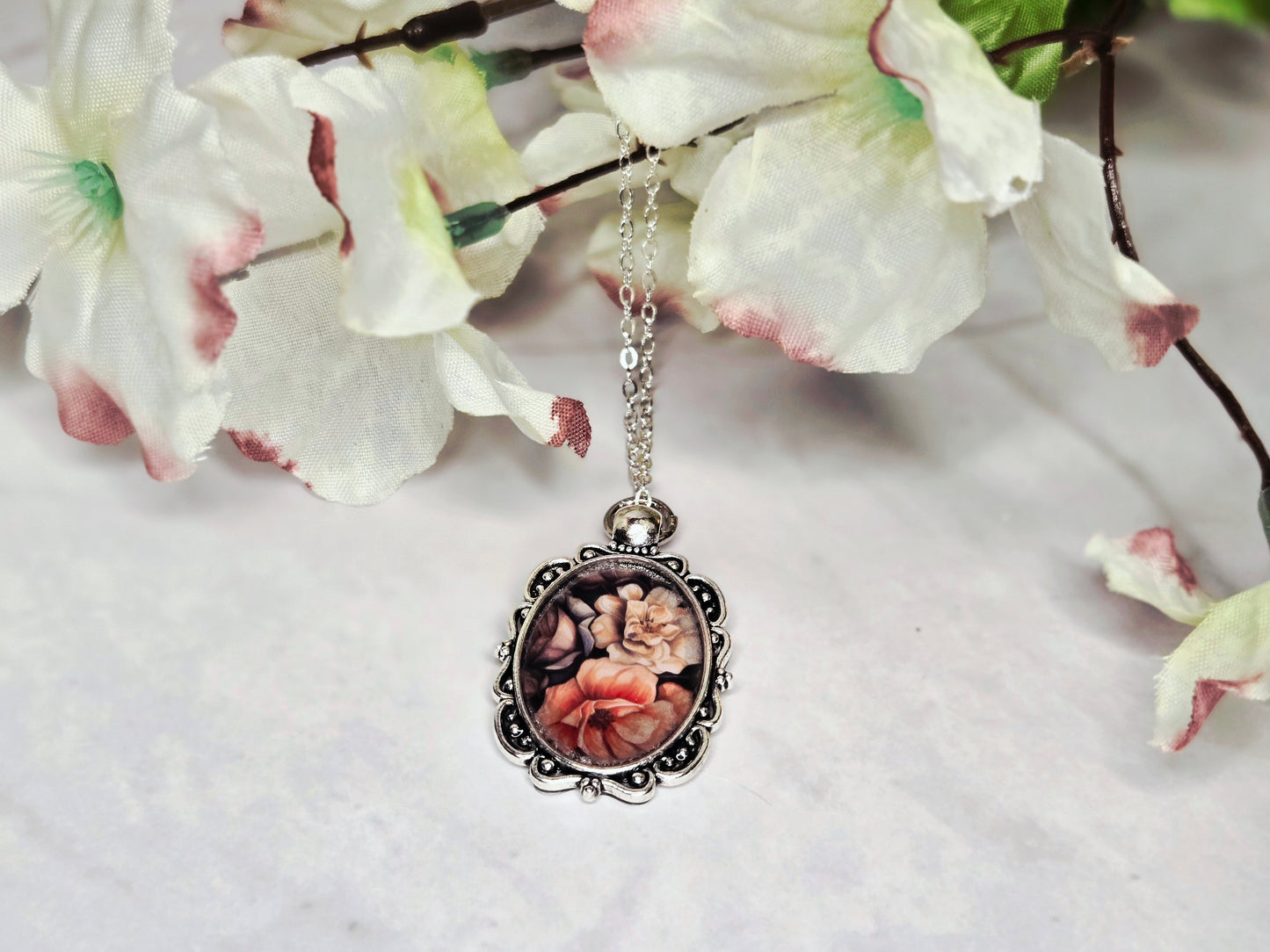 Vintage Floral Cameo Pendant Necklace • Feminine Romantic Charm Jewelry • Antique Style Rose Portrait Necklace