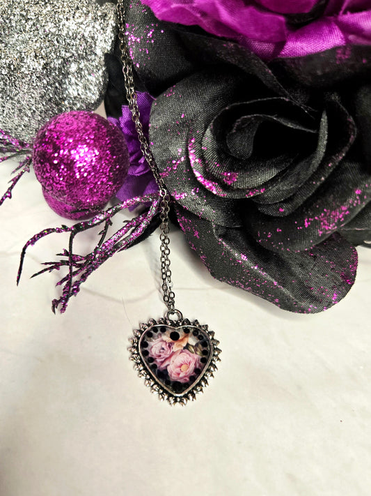 Gothic Floral Heart Necklace • Dark Romantic Victorian Pendant • Black & Pink Cottagecore Jewelry