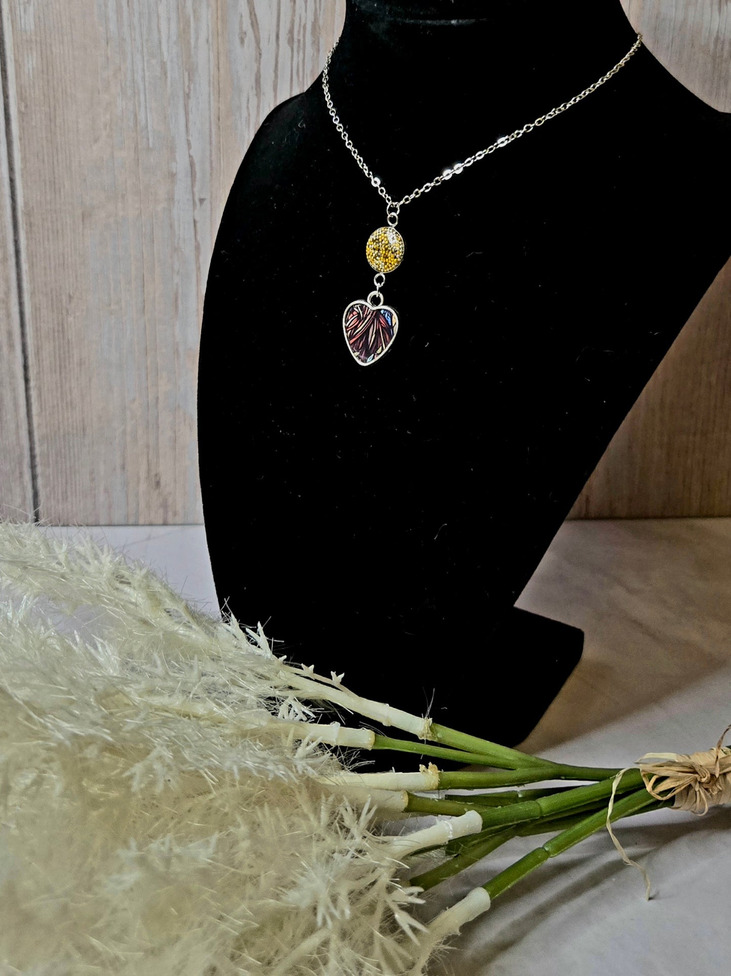 Heart Necklace • Handmade Resin Pendant with Yellow Crystal Bead • Nature-Inspired Jewelry