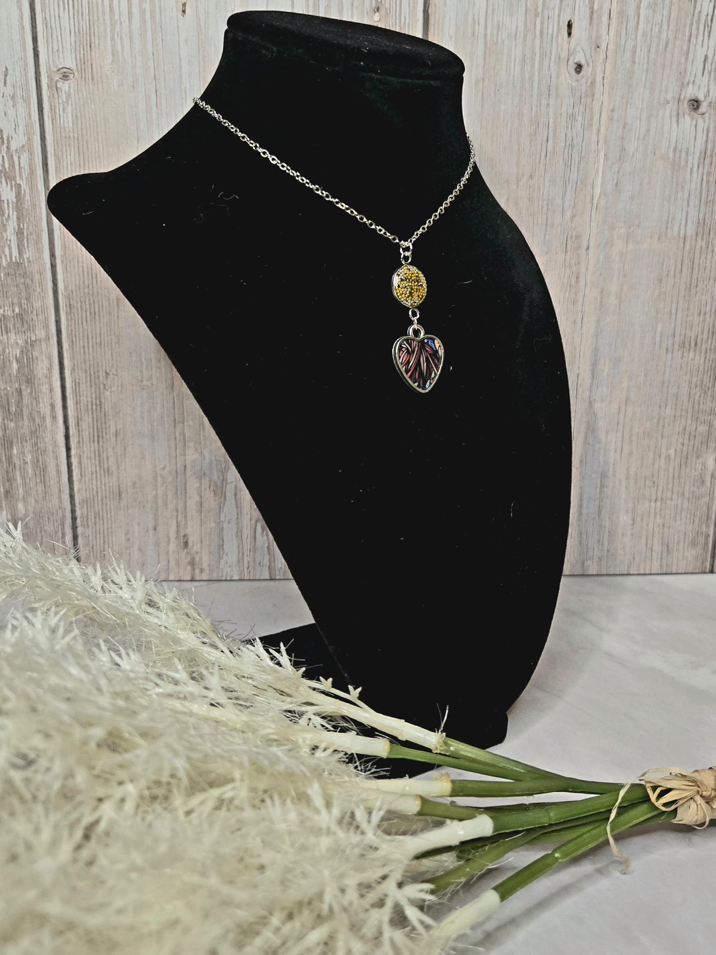 Heart Necklace • Handmade Resin Pendant with Yellow Crystal Bead • Nature-Inspired Jewelry