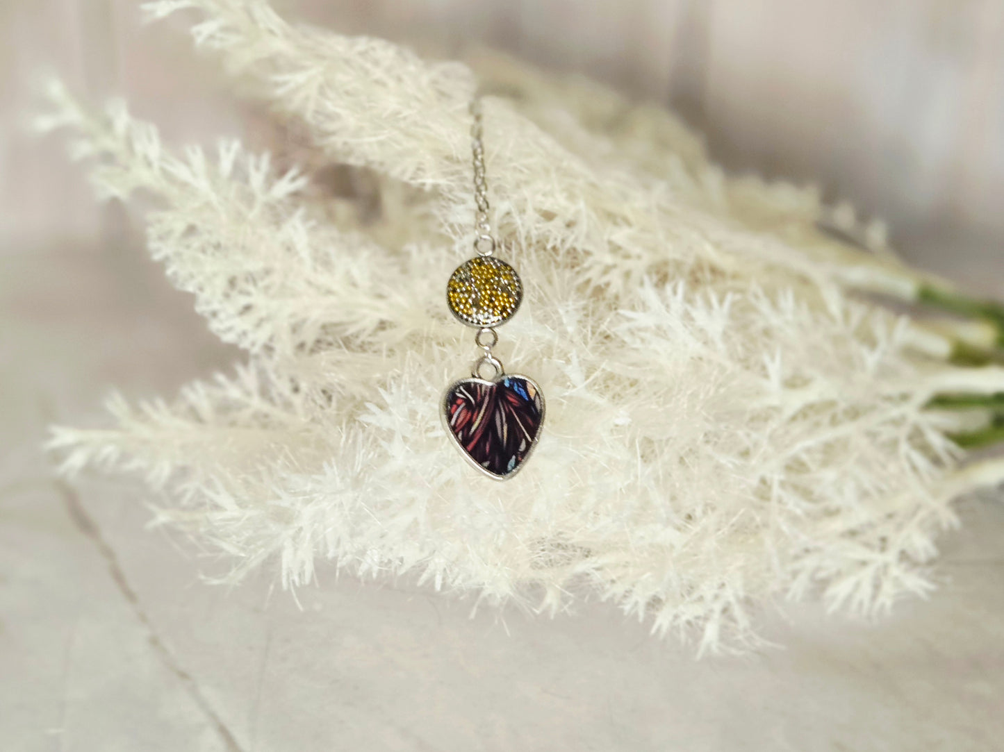Heart Necklace • Handmade Resin Pendant with Yellow Crystal Bead • Nature-Inspired Jewelry