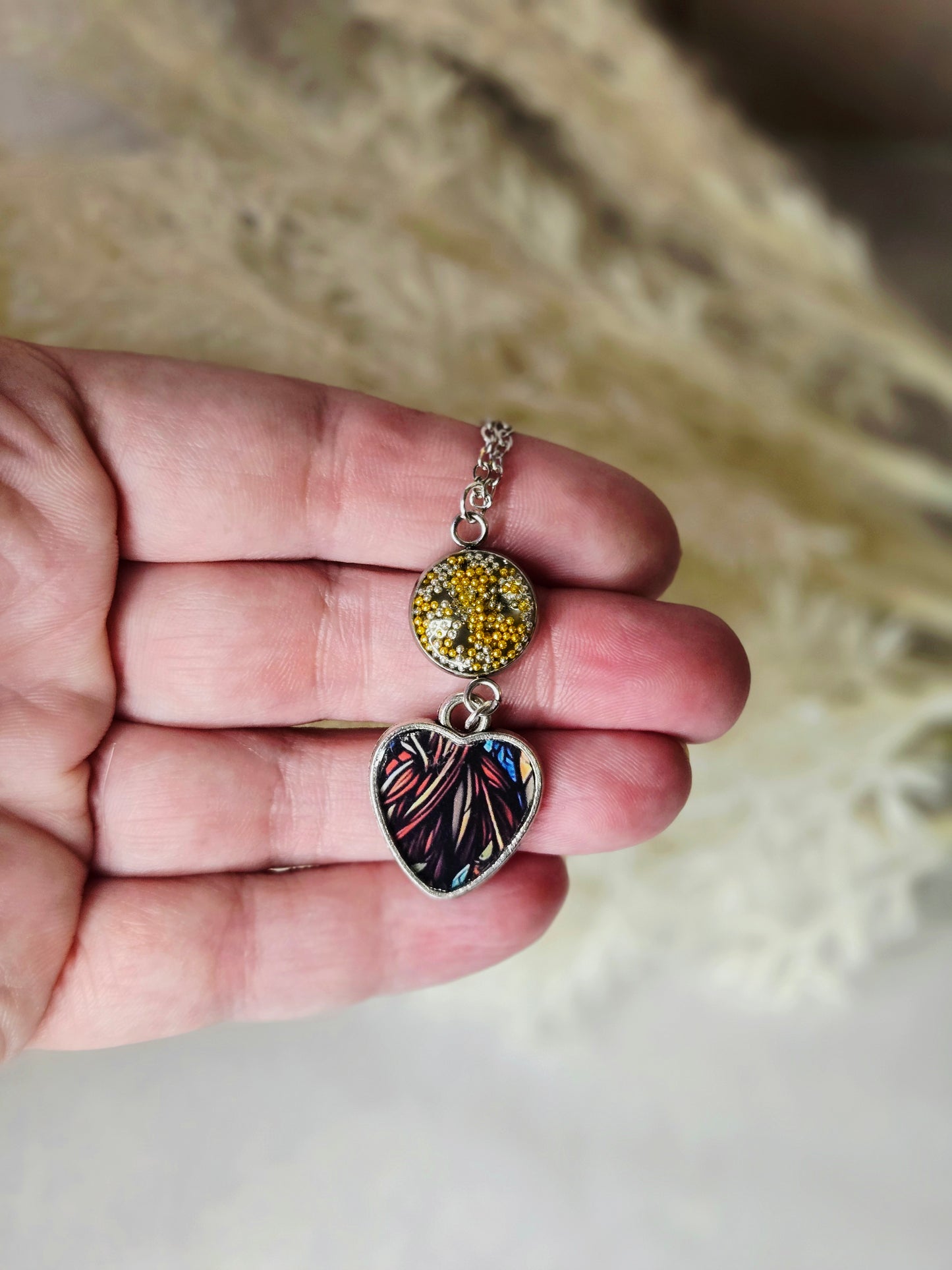 Heart Necklace • Handmade Resin Pendant with Yellow Crystal Bead • Nature-Inspired Jewelry