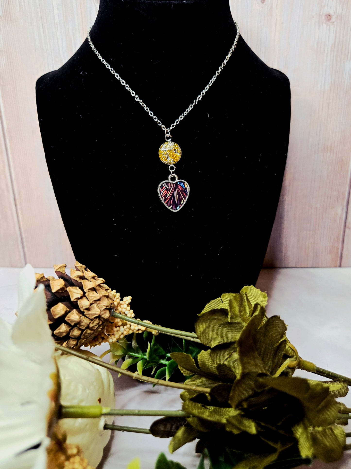 Heart Necklace • Handmade Resin Pendant with Yellow Crystal Bead • Nature-Inspired Jewelry