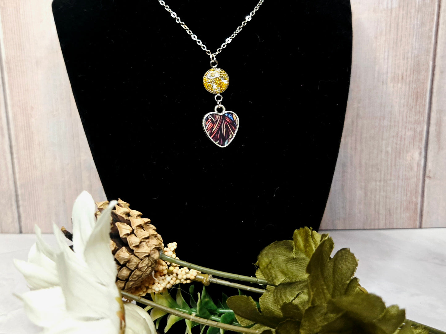 Heart Necklace • Handmade Resin Pendant with Yellow Crystal Bead • Nature-Inspired Jewelry
