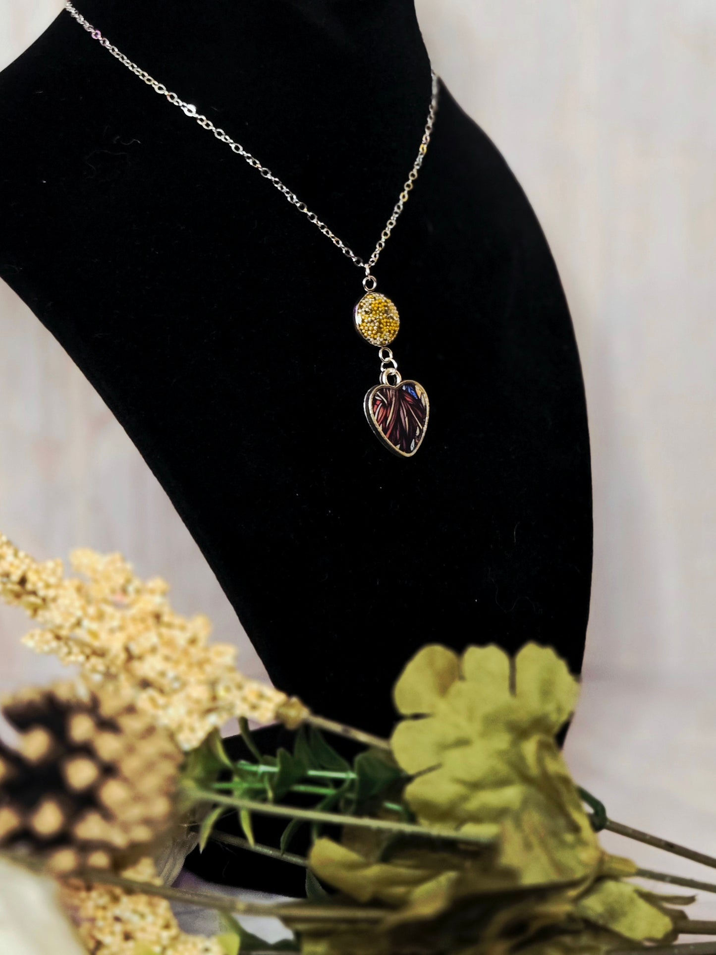 Heart Necklace • Handmade Resin Pendant with Yellow Crystal Bead • Nature-Inspired Jewelry