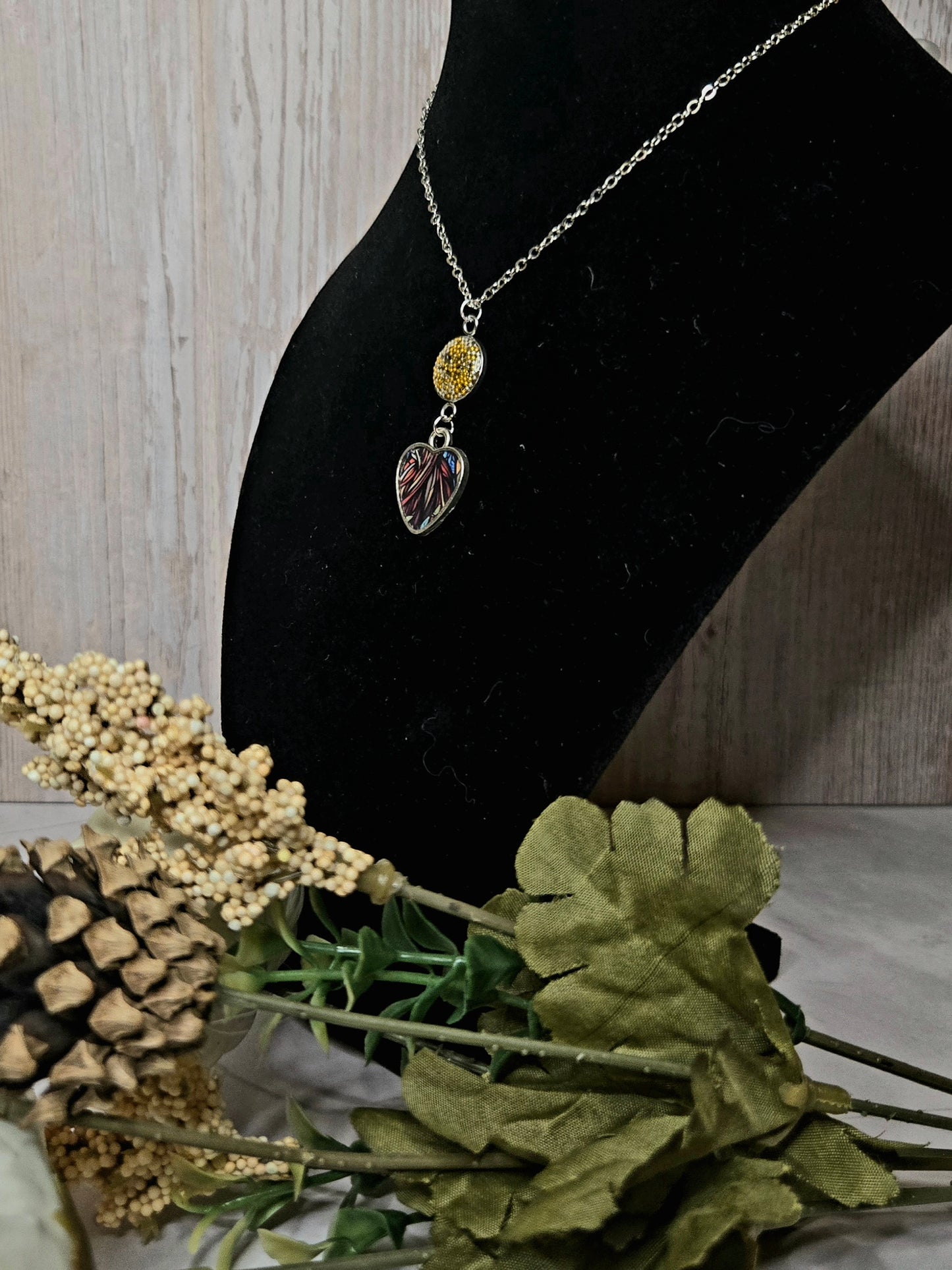 Heart Necklace • Handmade Resin Pendant with Yellow Crystal Bead • Nature-Inspired Jewelry
