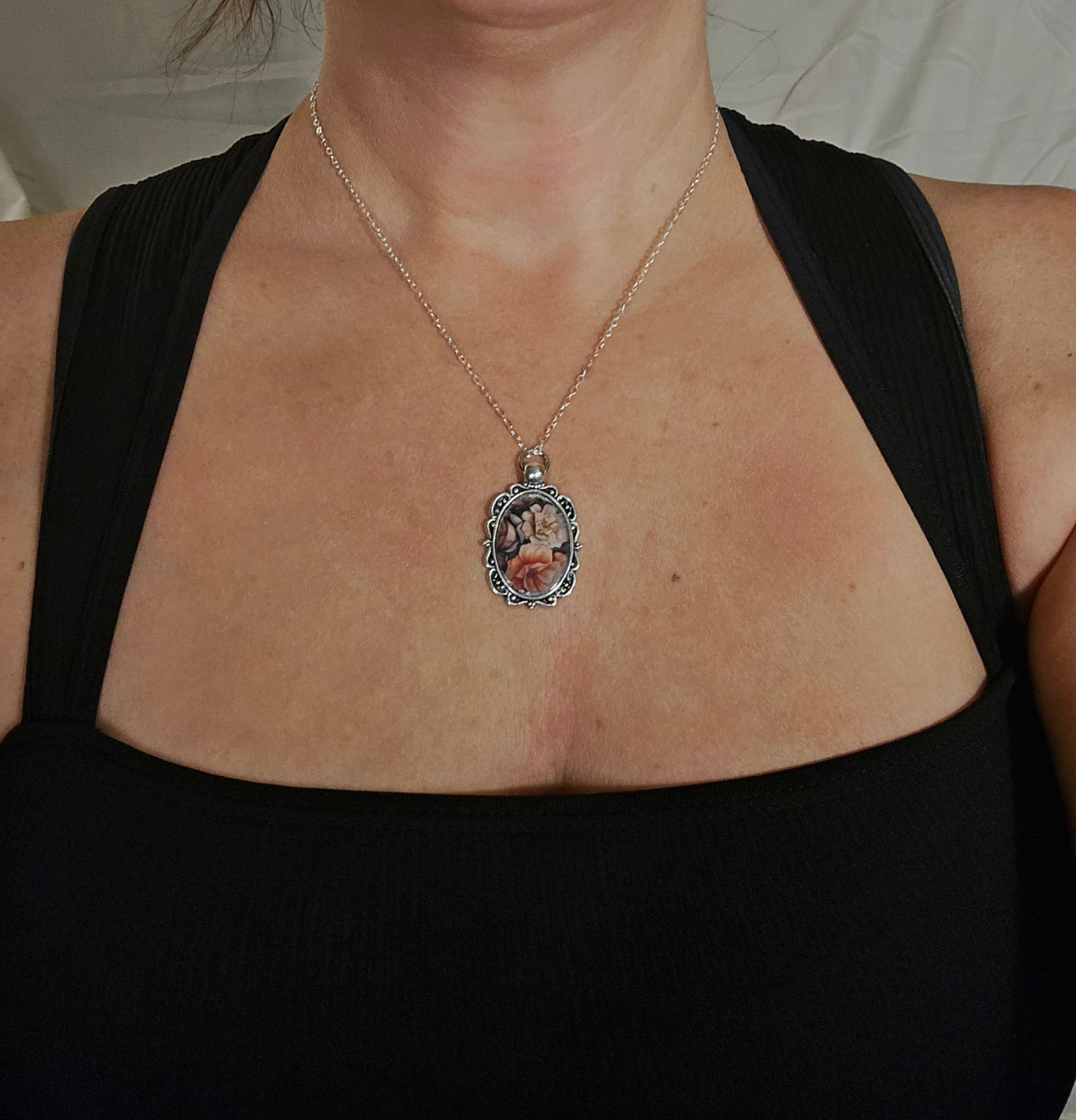 Vintage Floral Cameo Pendant Necklace • Feminine Romantic Charm Jewelry • Antique Style Rose Portrait Necklace