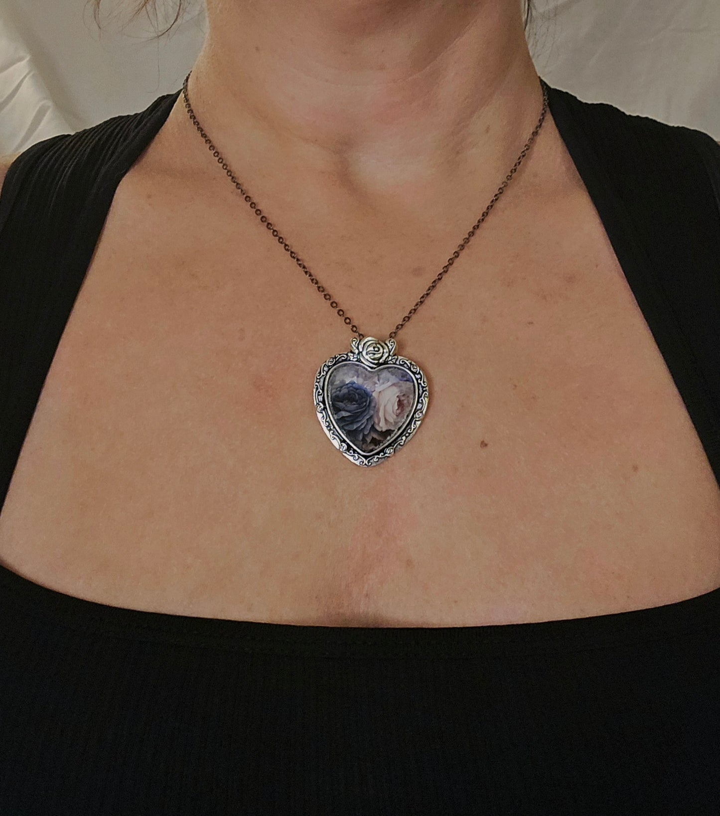 Romantic Rose Heart Necklace • Vintage Floral Keepsake Pendant • Antique Silver Victorian Style Jewelry