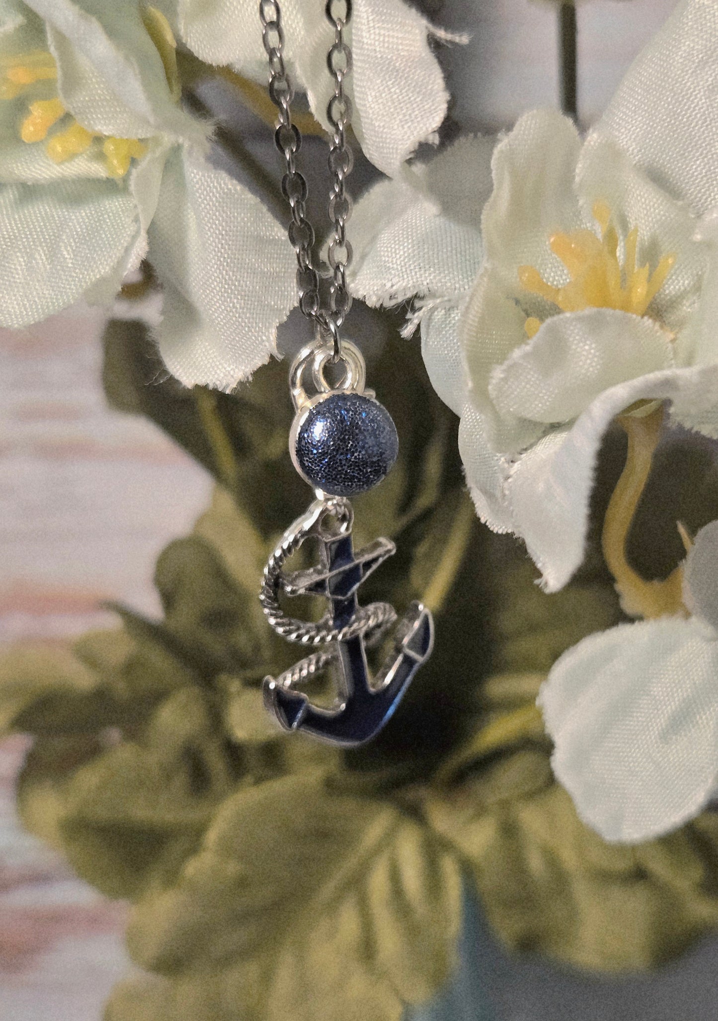 Silver Anchor Pendant Necklace with Blue Stone Accent