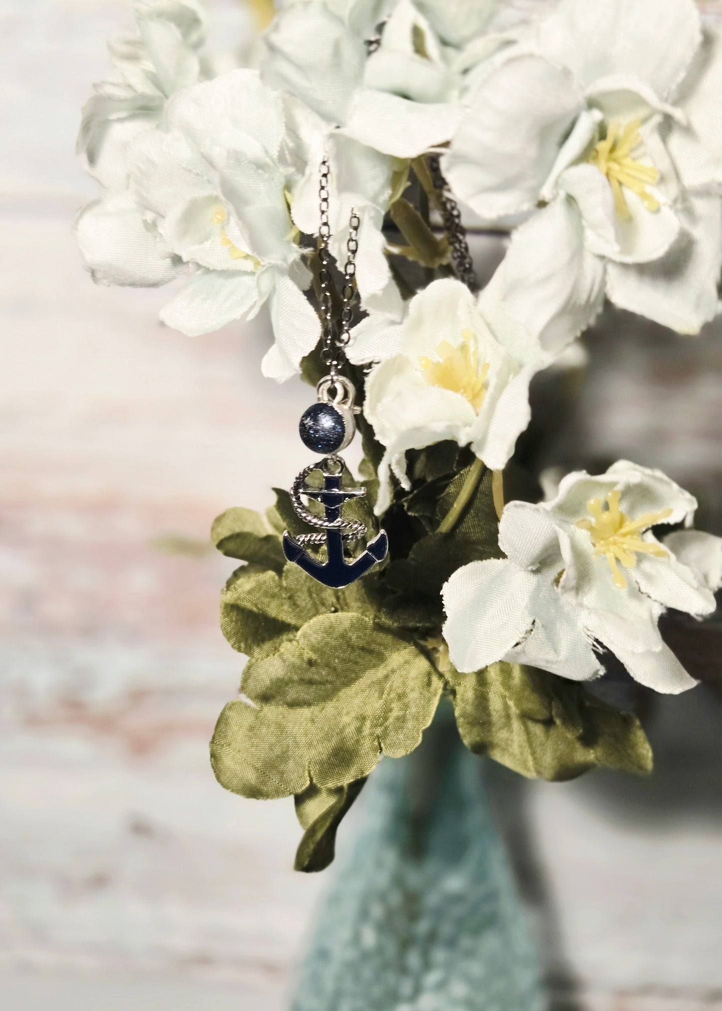 Silver Anchor Pendant Necklace with Blue Stone Accent