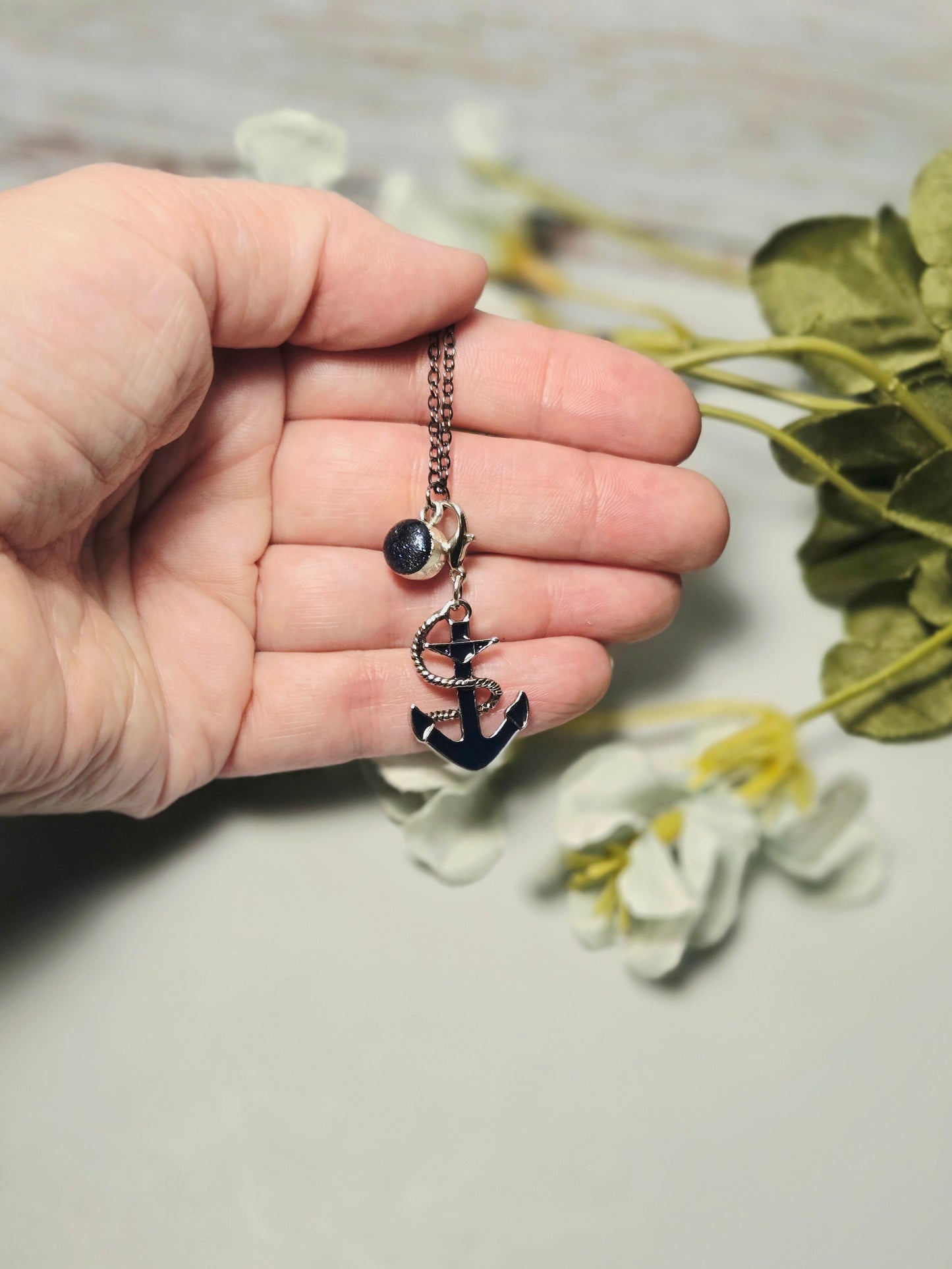 Silver Anchor Pendant Necklace with Blue Stone Accent