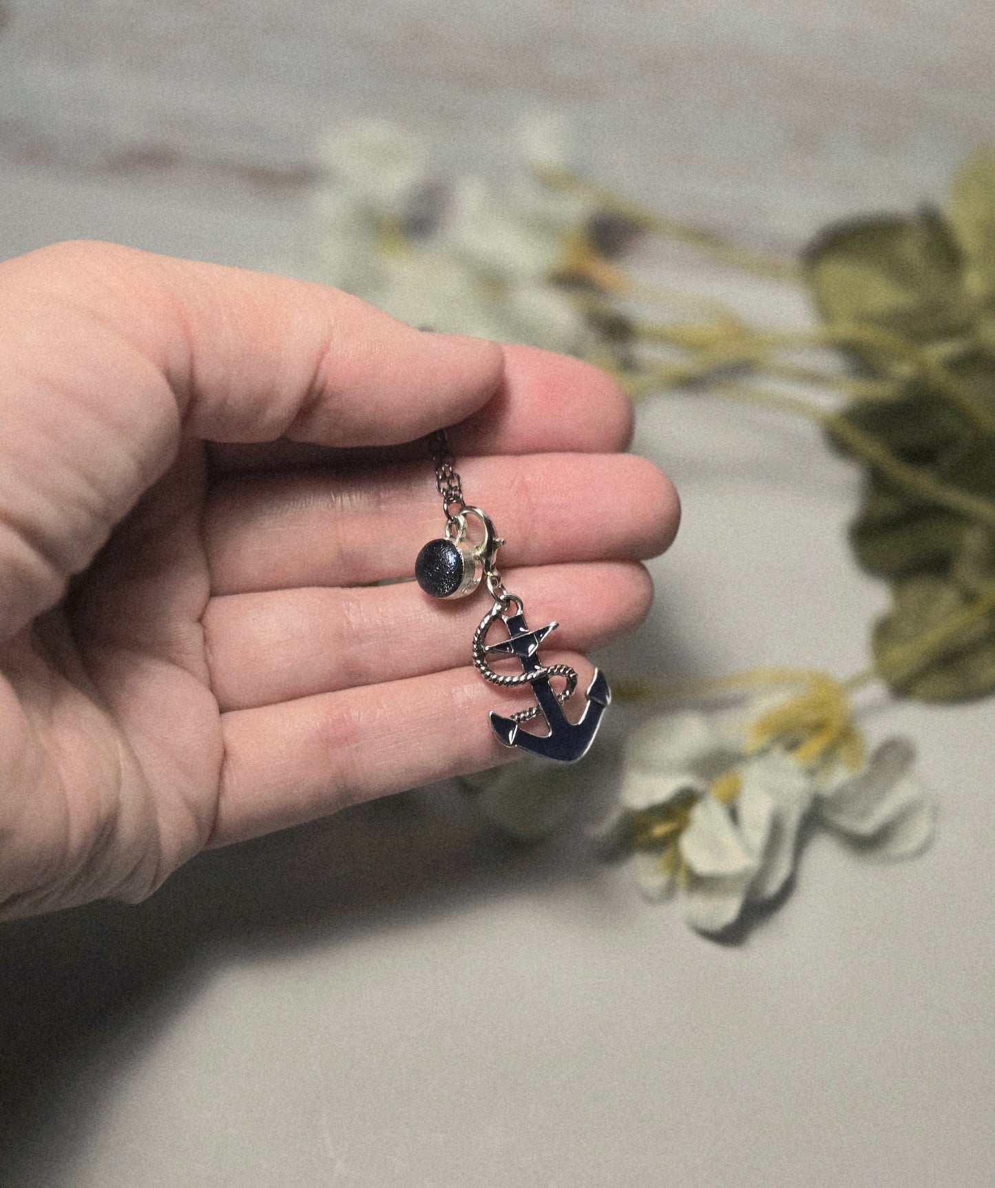 Silver Anchor Pendant Necklace with Blue Stone Accent