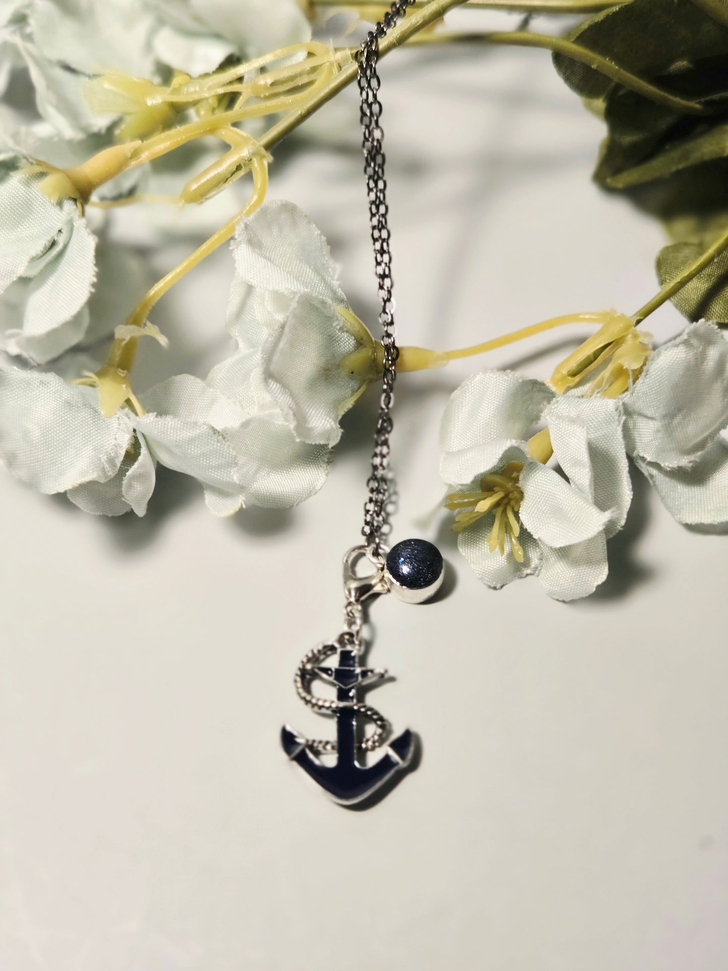 Silver Anchor Pendant Necklace with Blue Stone Accent