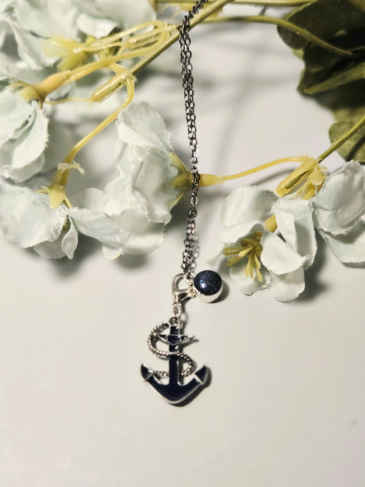 Silver Anchor Pendant Necklace with Blue Stone Accent