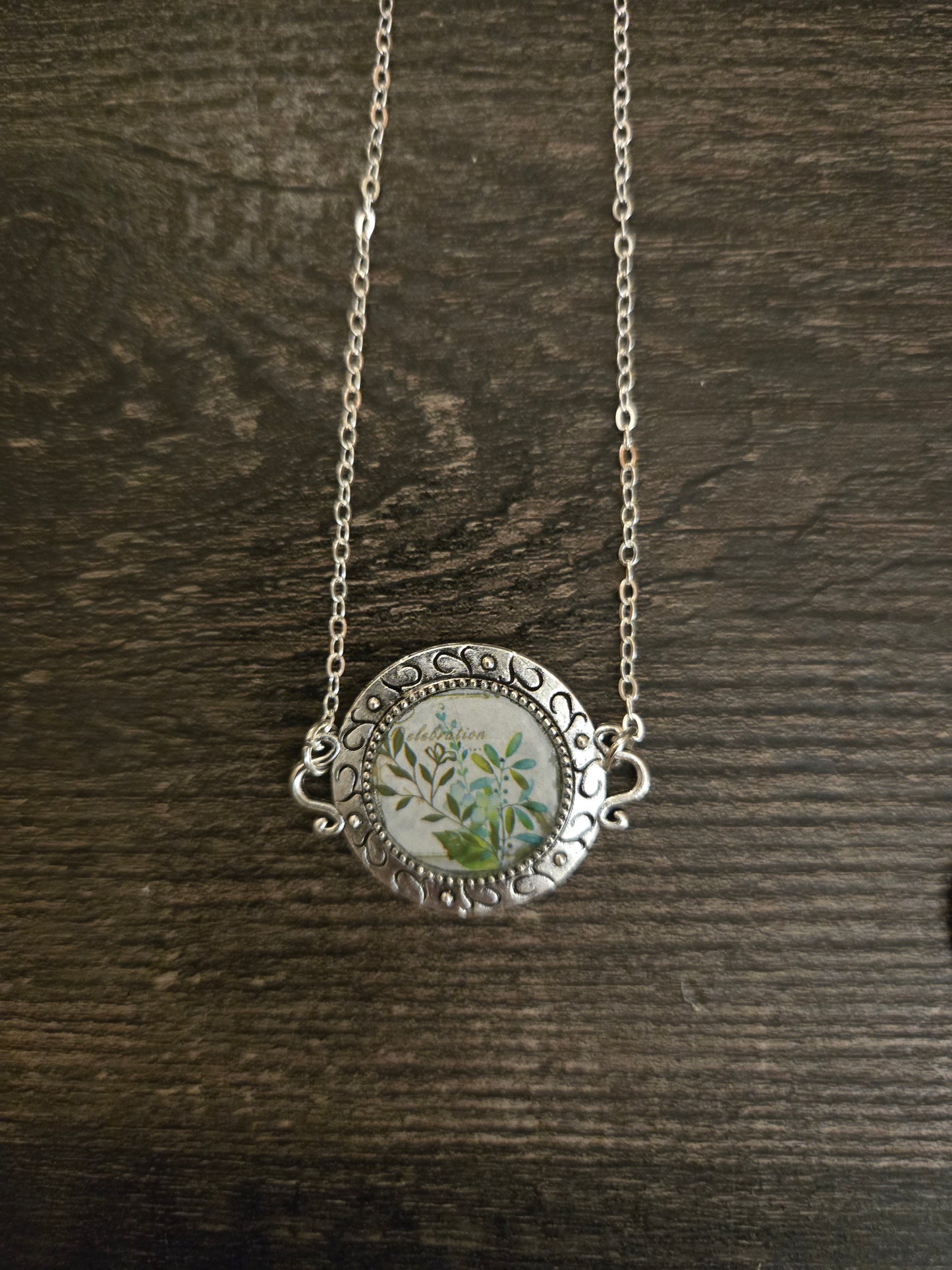 Vintage Style Botanical Glass Pendant Necklace – Silver Ornate Frame