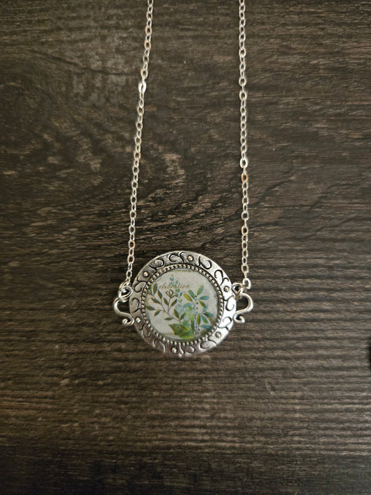 Vintage Style Botanical Glass Pendant Necklace – Silver Ornate Frame