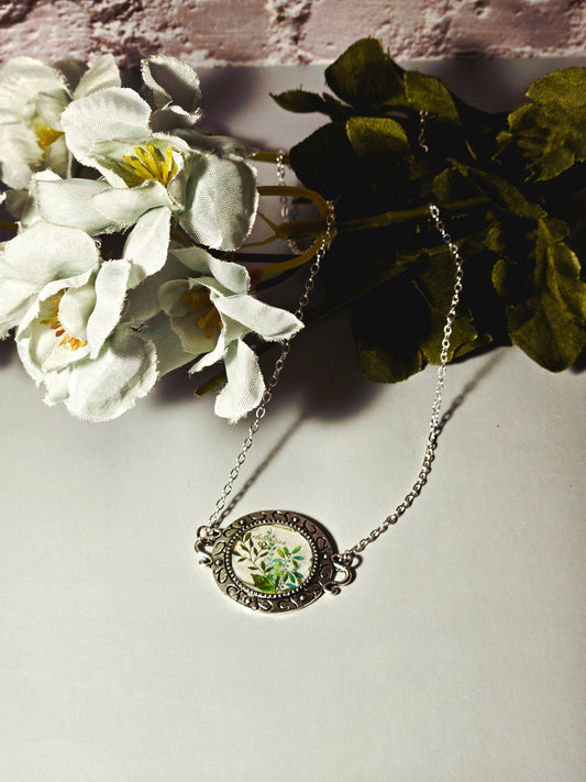 Vintage Style Botanical Glass Pendant Necklace – Silver Ornate Frame