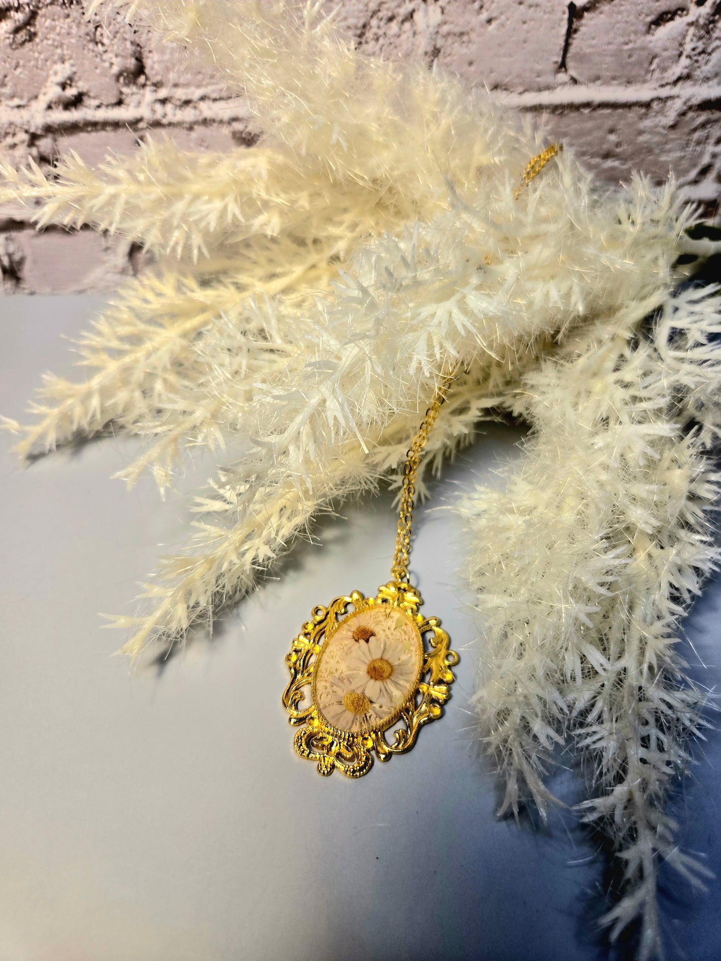 Pressed Daisy Vintage Gold Necklace