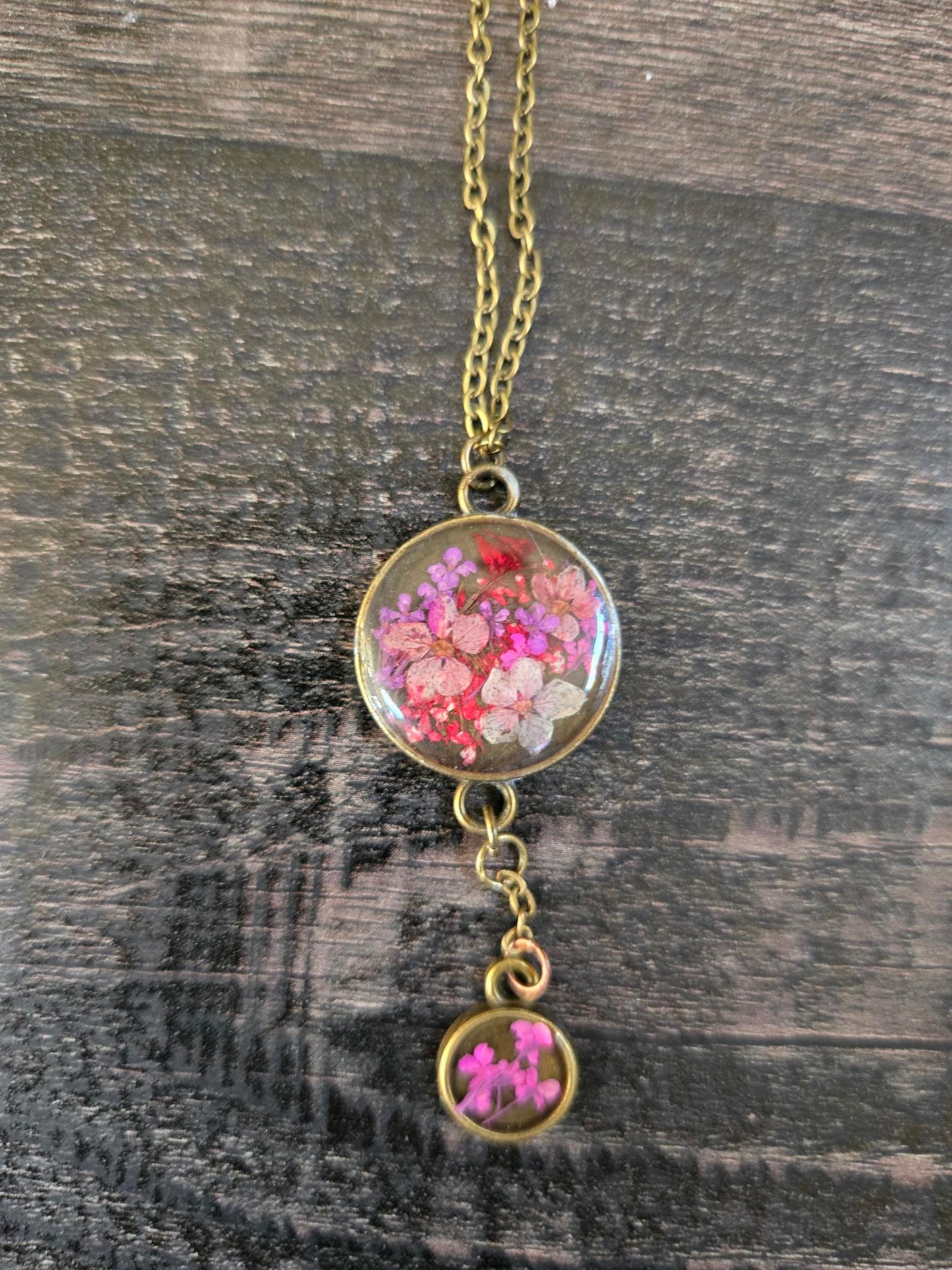 Pressed Flower Pendant Necklace – Antique Brass Double Bloom Design