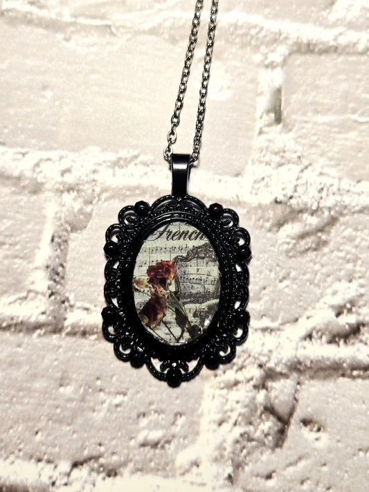 Gothic Victorian Rose Necklace on a Black Pendant