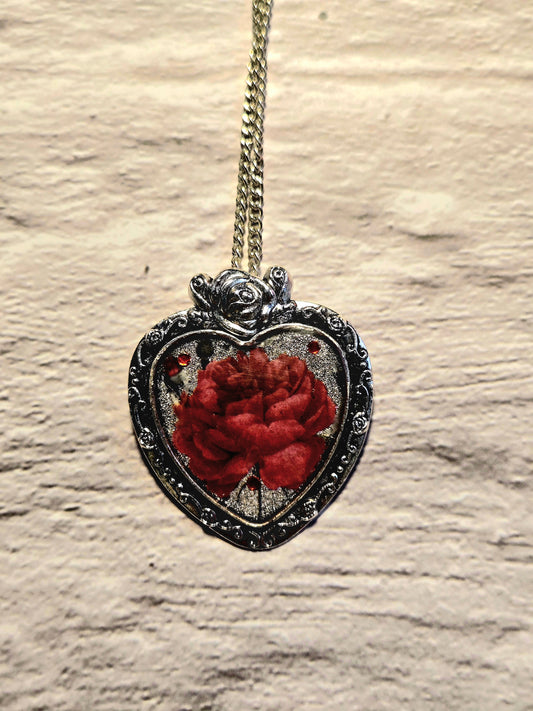 Red Rose Heart Necklace: Gothic Romantic Silver Pendant