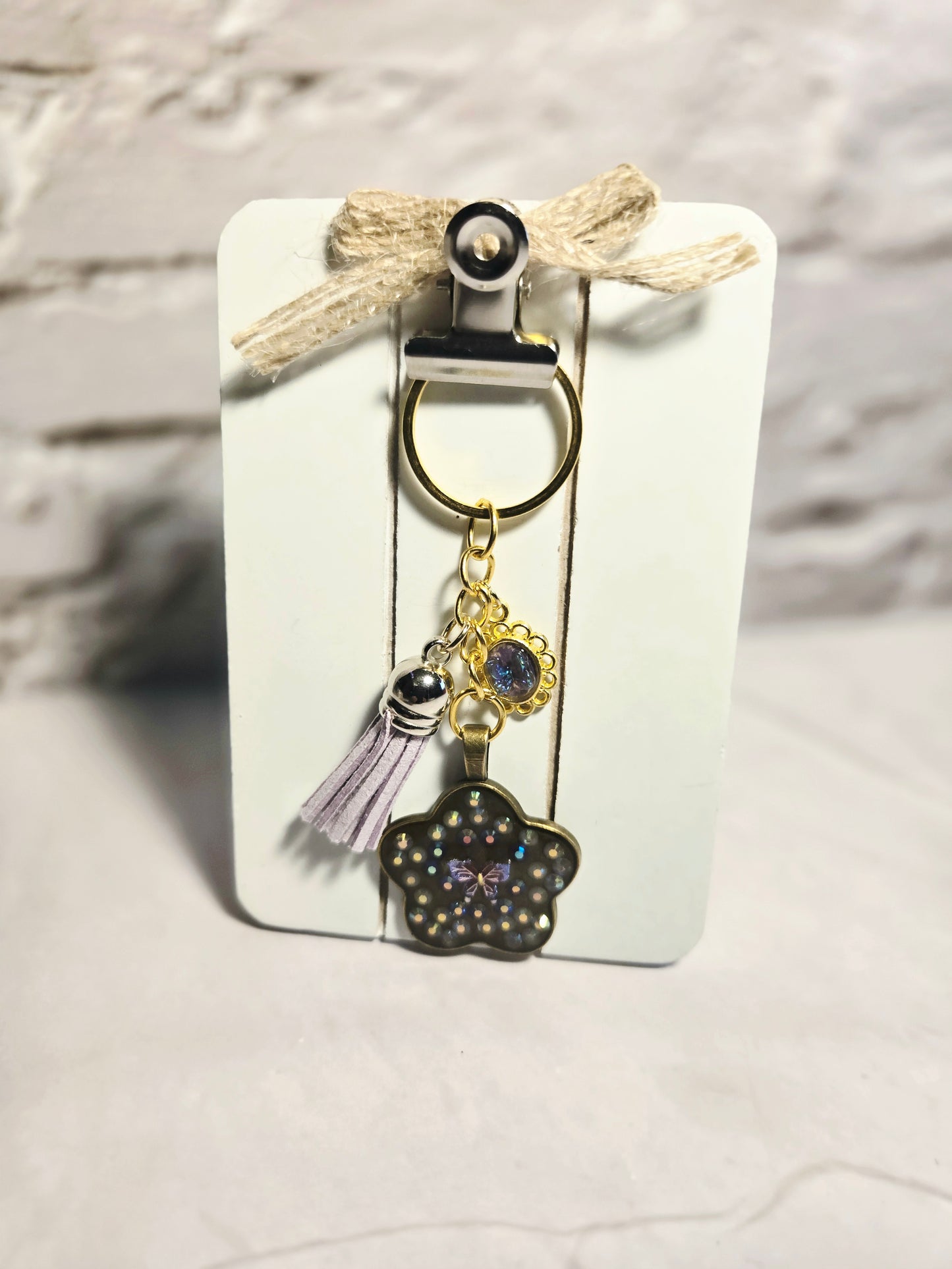 Purple Butterfly Keychain with Tassel – Handmade Resin Flower Charm with Sparkle Confetti – Cute Bag Charm Gift for Her