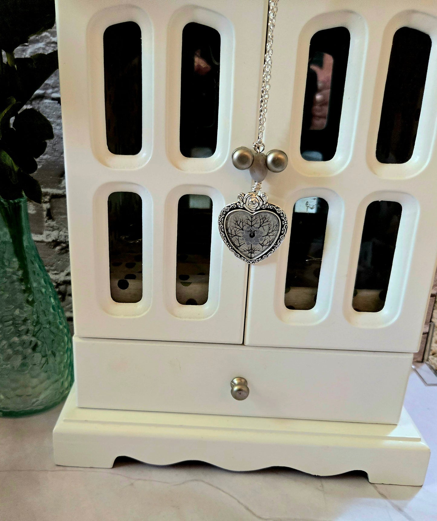 Heart Pendant Necklace – Silver Frame with Tree & Floral Design