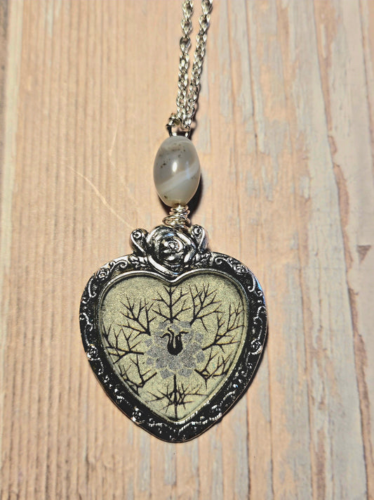 Heart Pendant Necklace – Silver Frame with Tree & Floral Design