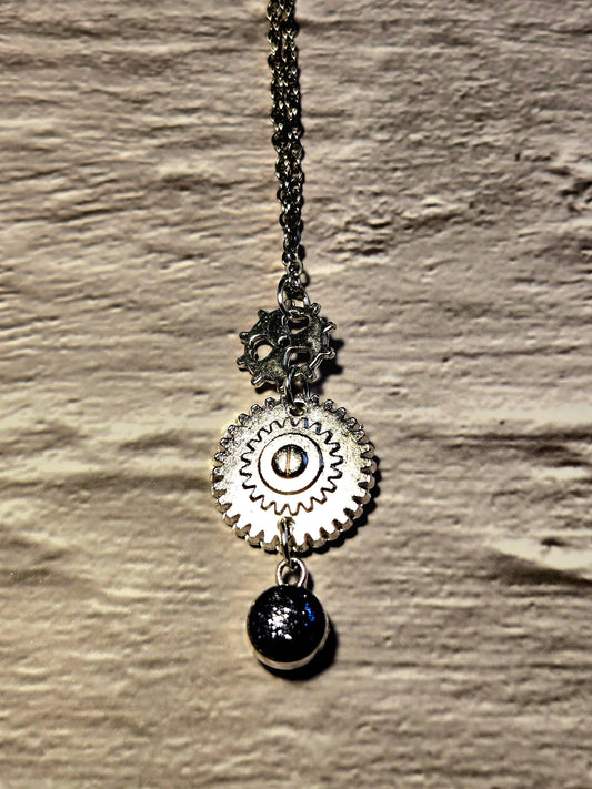 Steampunk Gear Necklace: Silver Industrial Pendant with Charm Detail