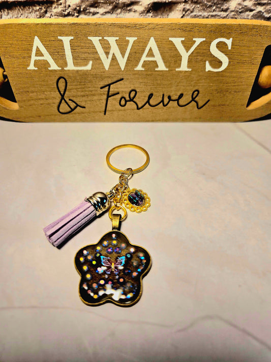 Purple Butterfly Keychain with Tassel – Handmade Resin Flower Charm with Sparkle Confetti – Cute Bag Charm Gift for Her