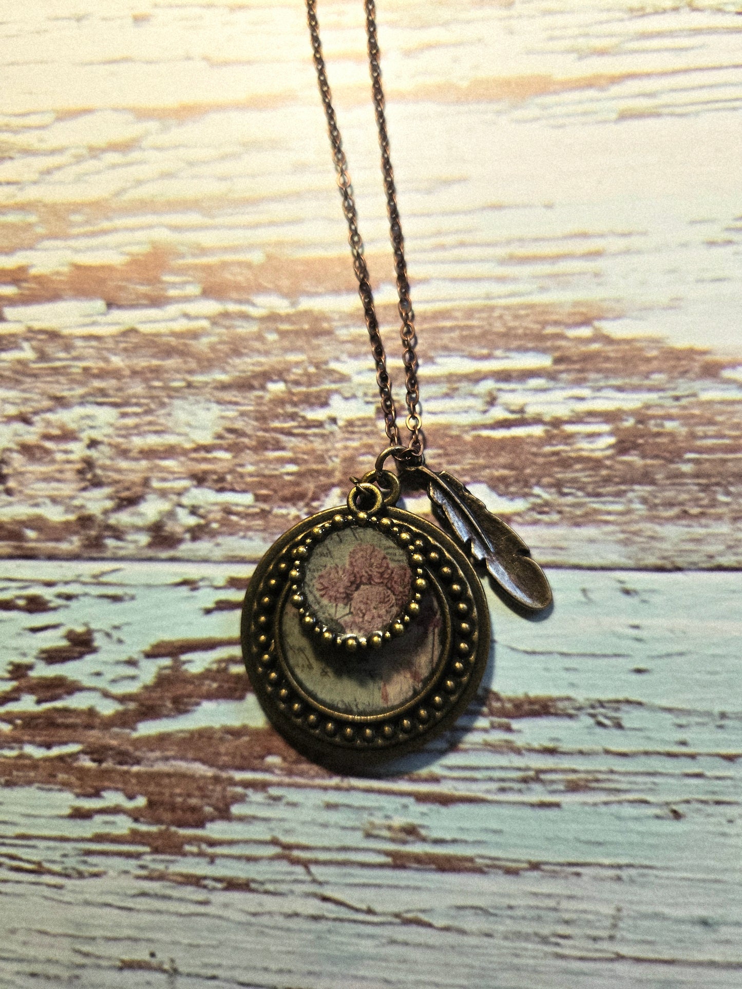 Vintage Floral Pendant Necklace: Pink Flower Illustration, Feather Charm