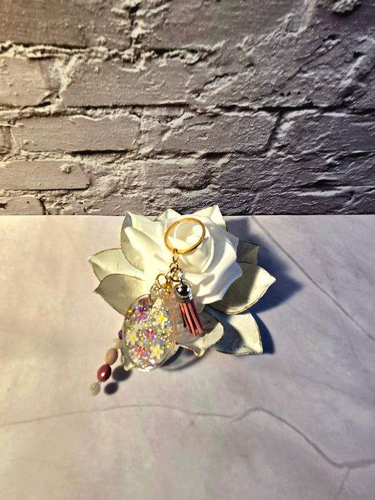 Handmade Resin Oval Keychain with Beaded Charm & Tassel – Glitter Sparkle Keyring Gift