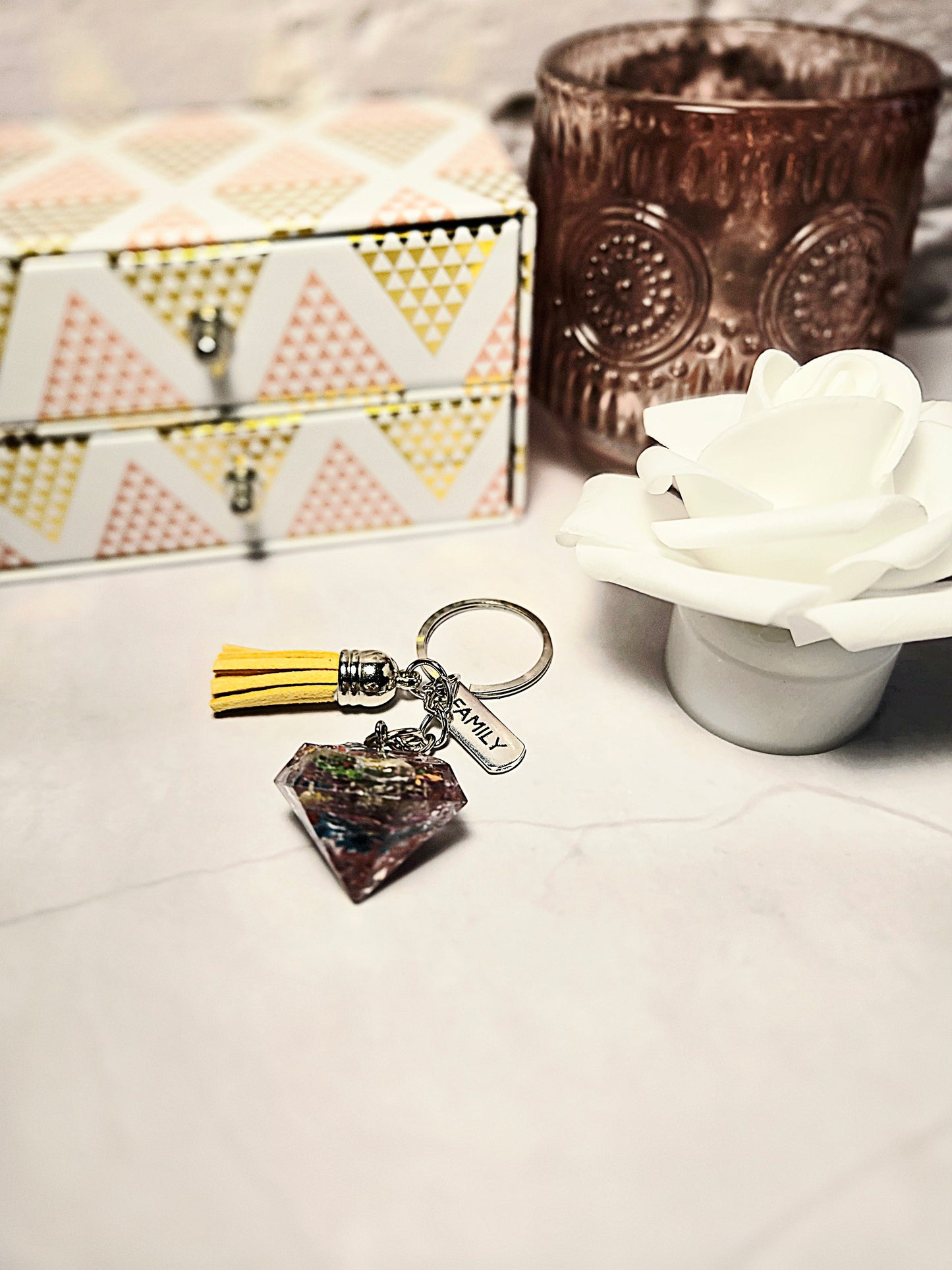 Handmade Resin Diamond Keychain with Family Charm & Yellow Tassel