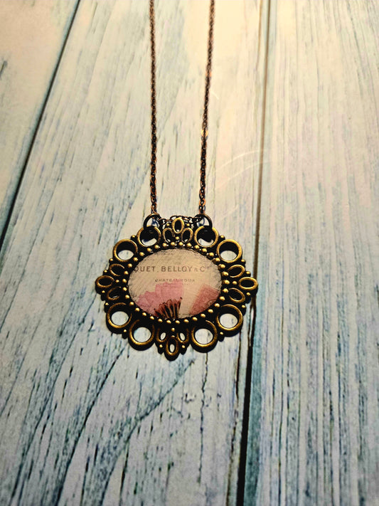 Vintage French Botanical Necklace – Pink Poppy Floral Pendant – Antique Bronze