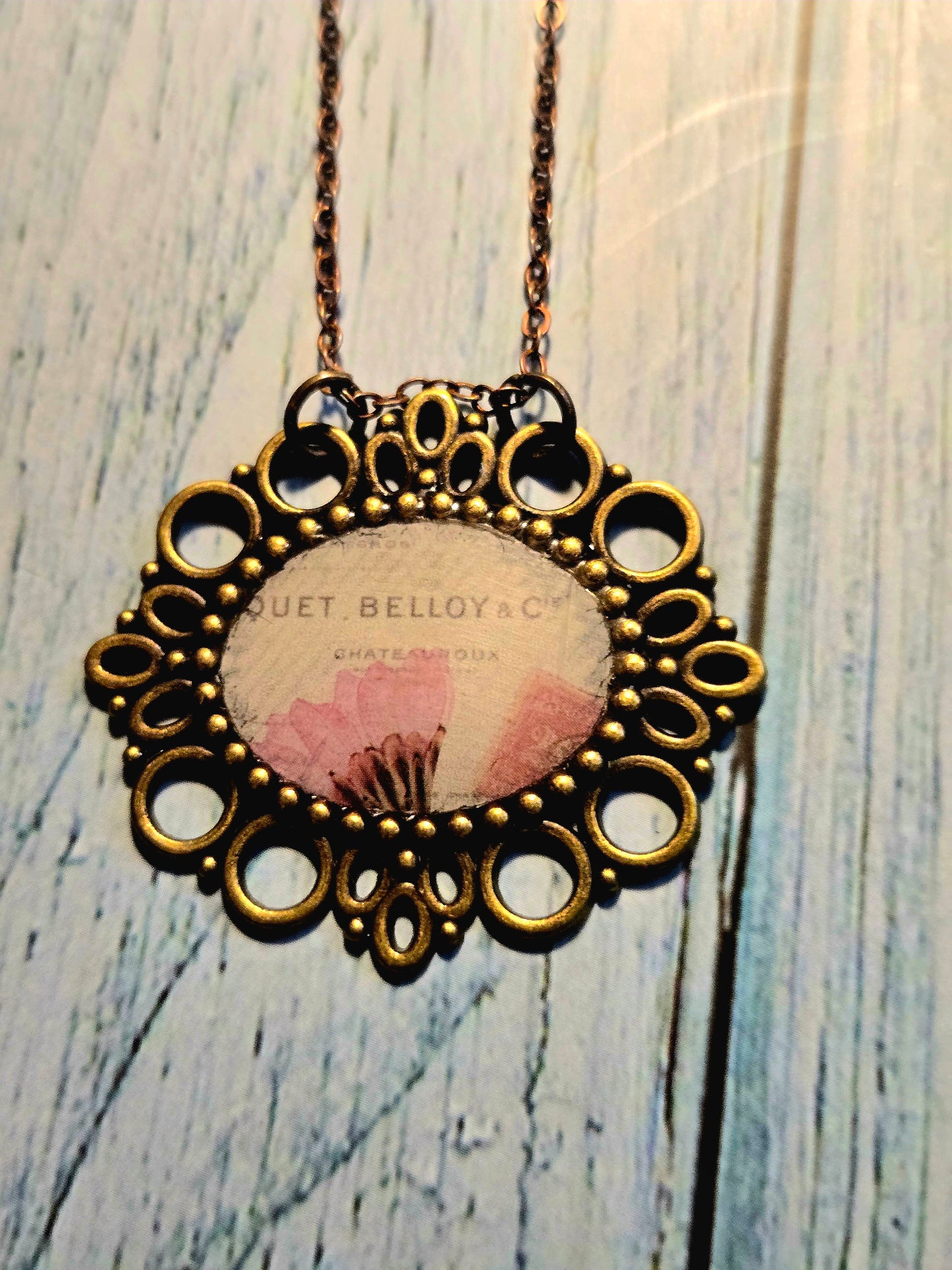 Vintage French Botanical Necklace – Pink Poppy Floral Pendant – Antique Bronze
